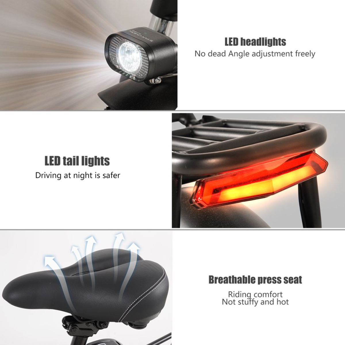 Światła rowerowe: reflektor LED, tylne światła LED i czarne siedzenie.
