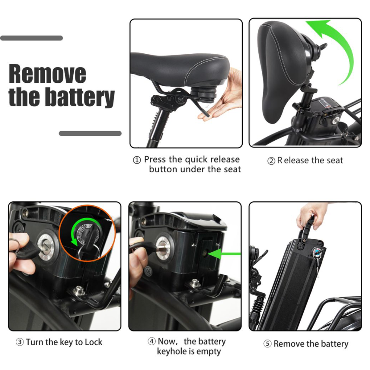 Kroki, aby wyjąć akumulator roweru elektrycznego. Pokazuje zwolnienie siodełka, użycie klucza i wyjęcie akumulatora.