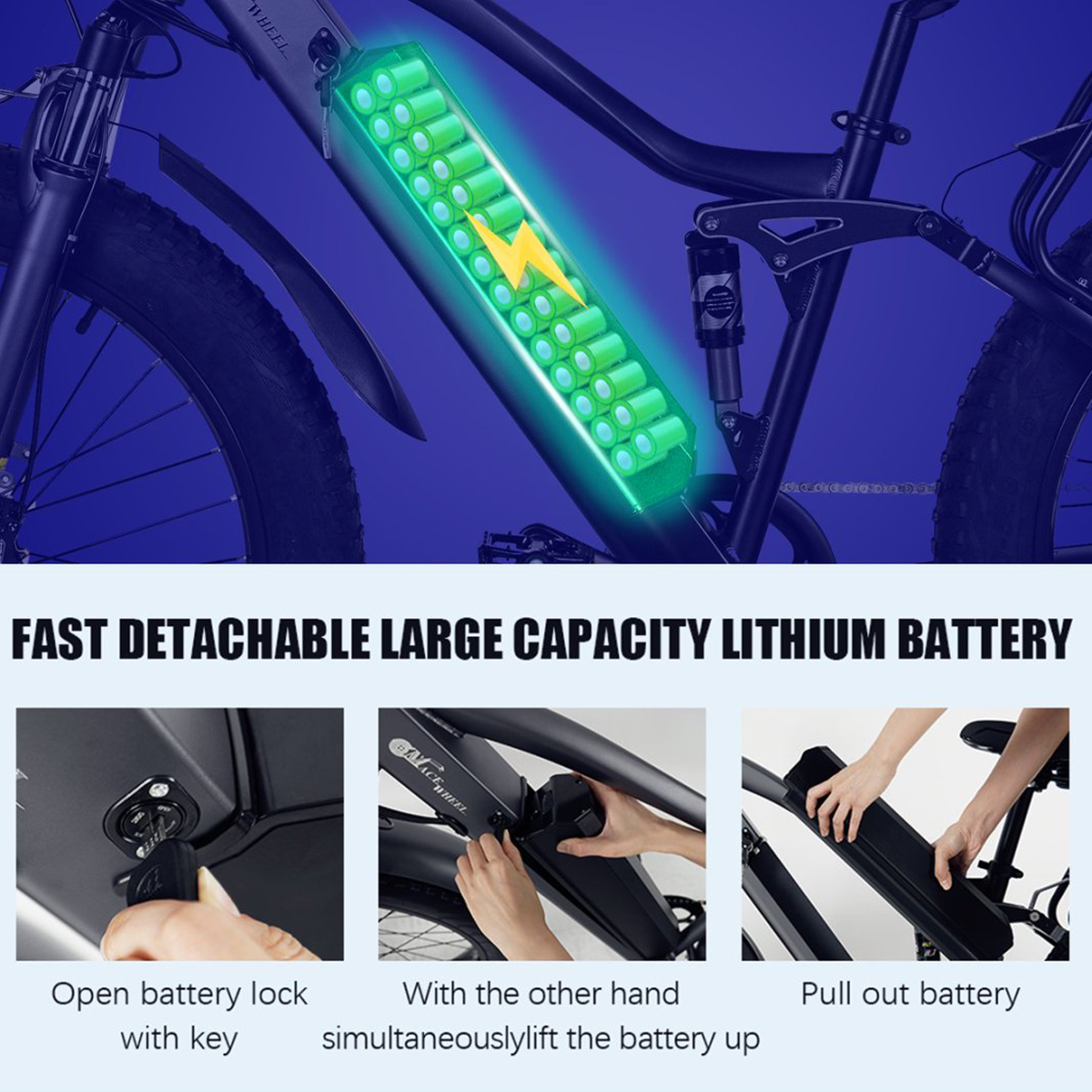 Rower elektryczny z akumulatorem. Pokazuje, jak wyjąć baterię za pomocą klucza i podnosząc ją.