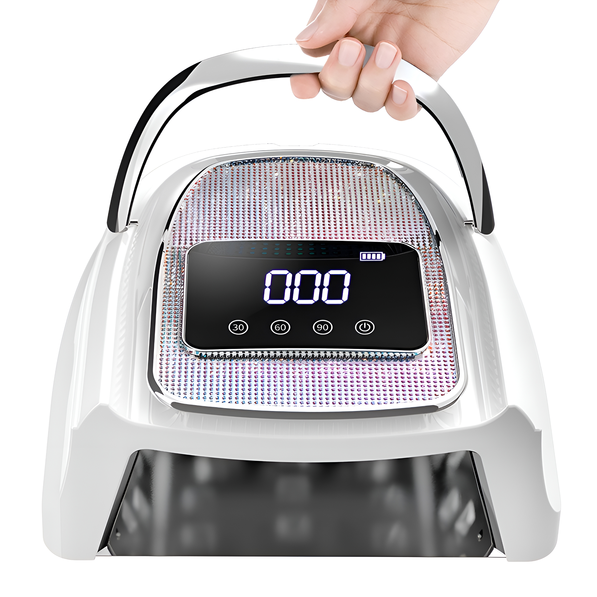 Weiße Nagellampe mit digitaler Anzeige. Eine Hand hält die Lampe. Zeigt Zeiteinstellungen.