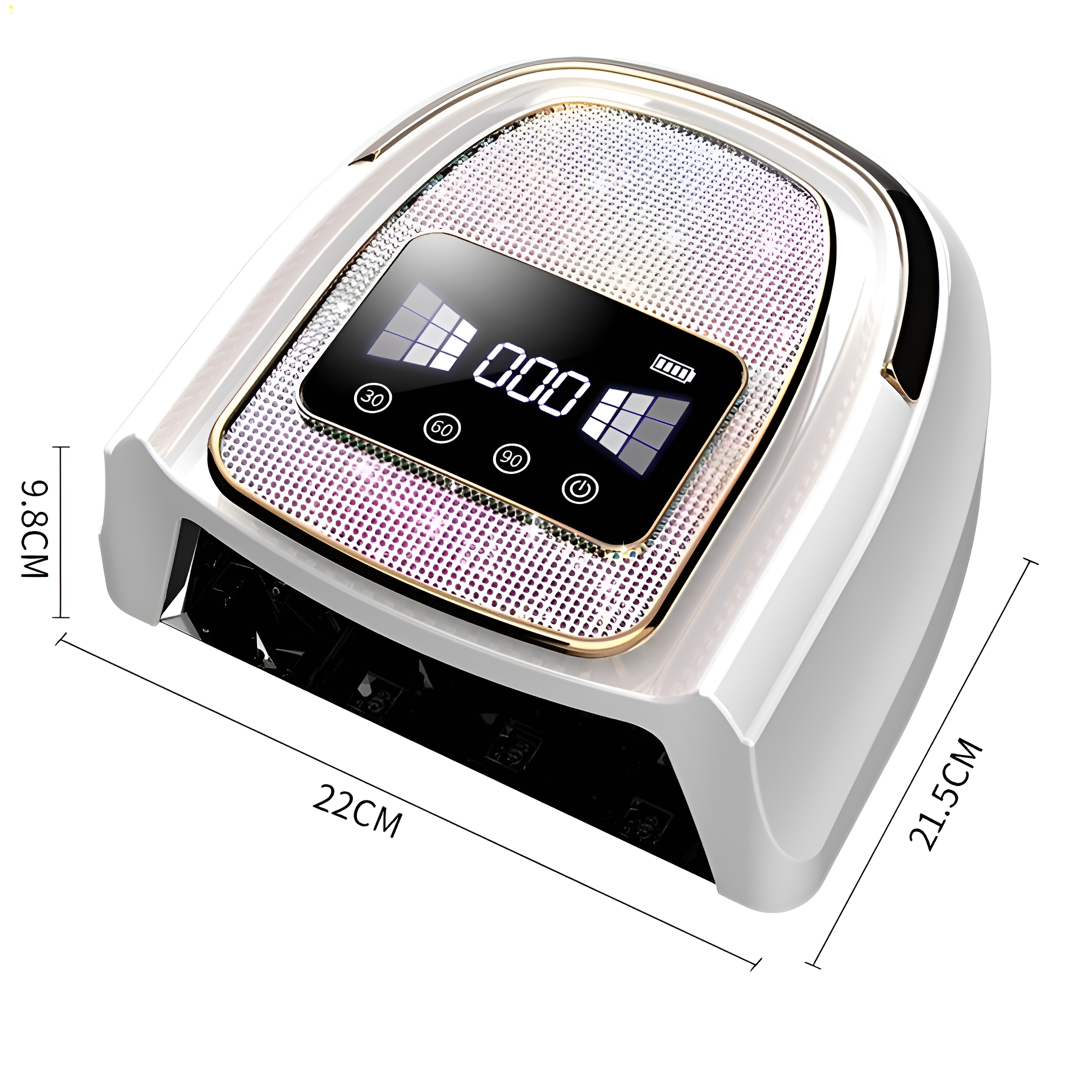 Weiße Nagelkunstmaschine mit digitalem Bildschirm, der Einstellungen und Abmessungen anzeigt.