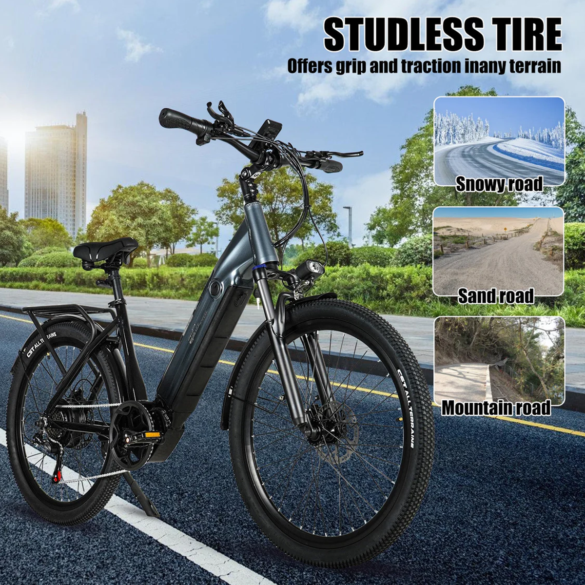 Czarny i szary rower elektryczny na drodze. Zdjęcia pokazują rower na śnieżnych, piaszczystych i górskich drogach.