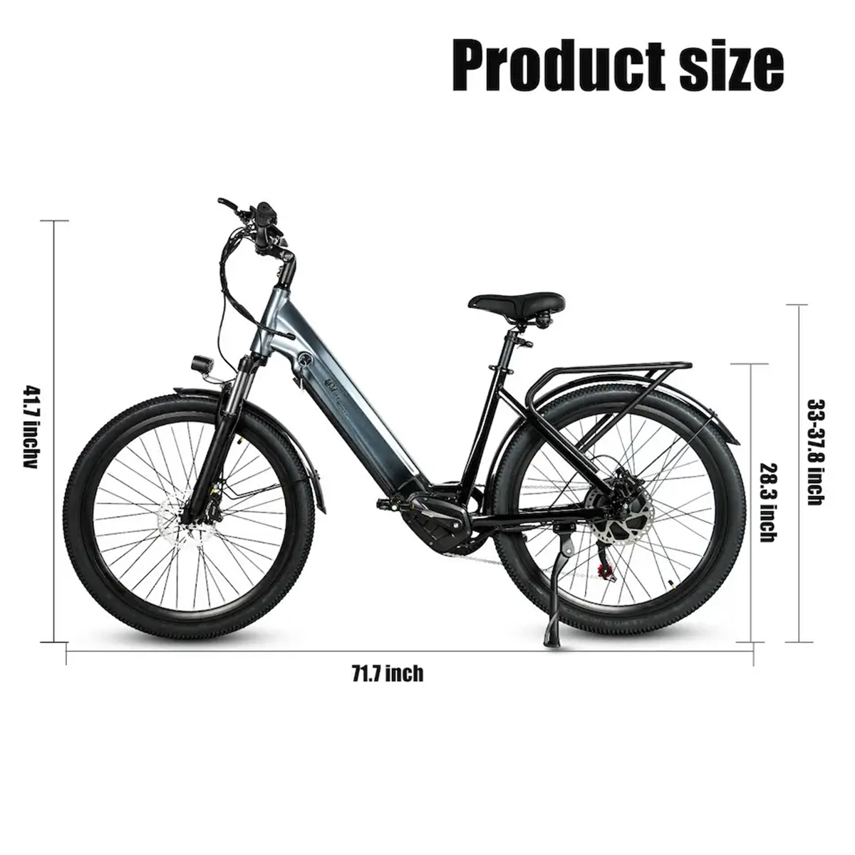 Czarny rower elektryczny. Wyświetlane wymiary. 71,7 cala długości.