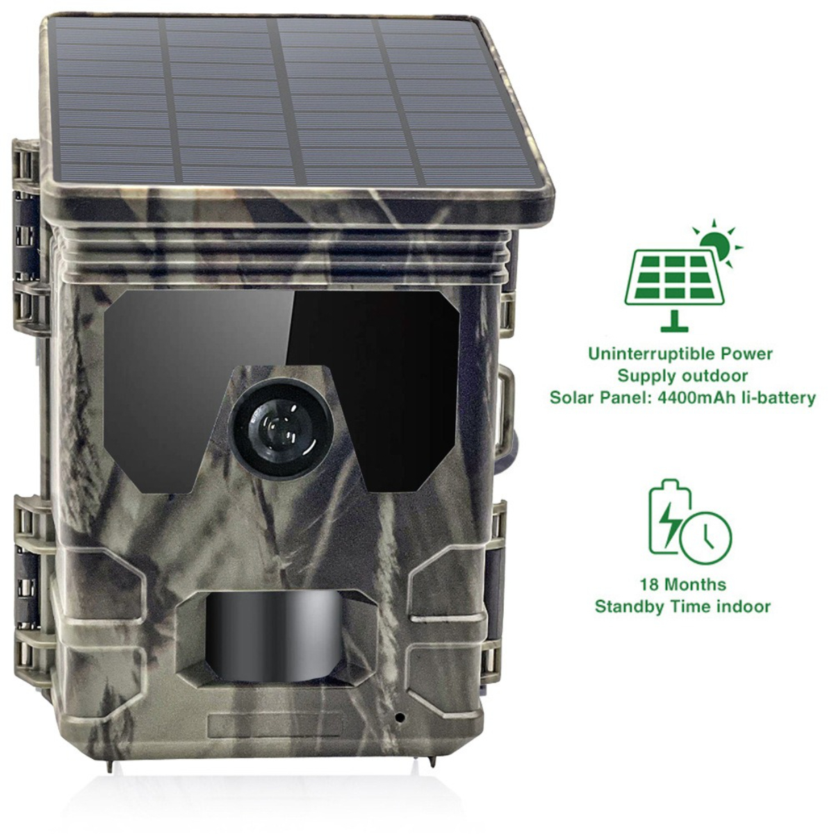Tarnfarbene Wildkamera mit Solarpanel. Merkmale und Text zur Stromversorgung.