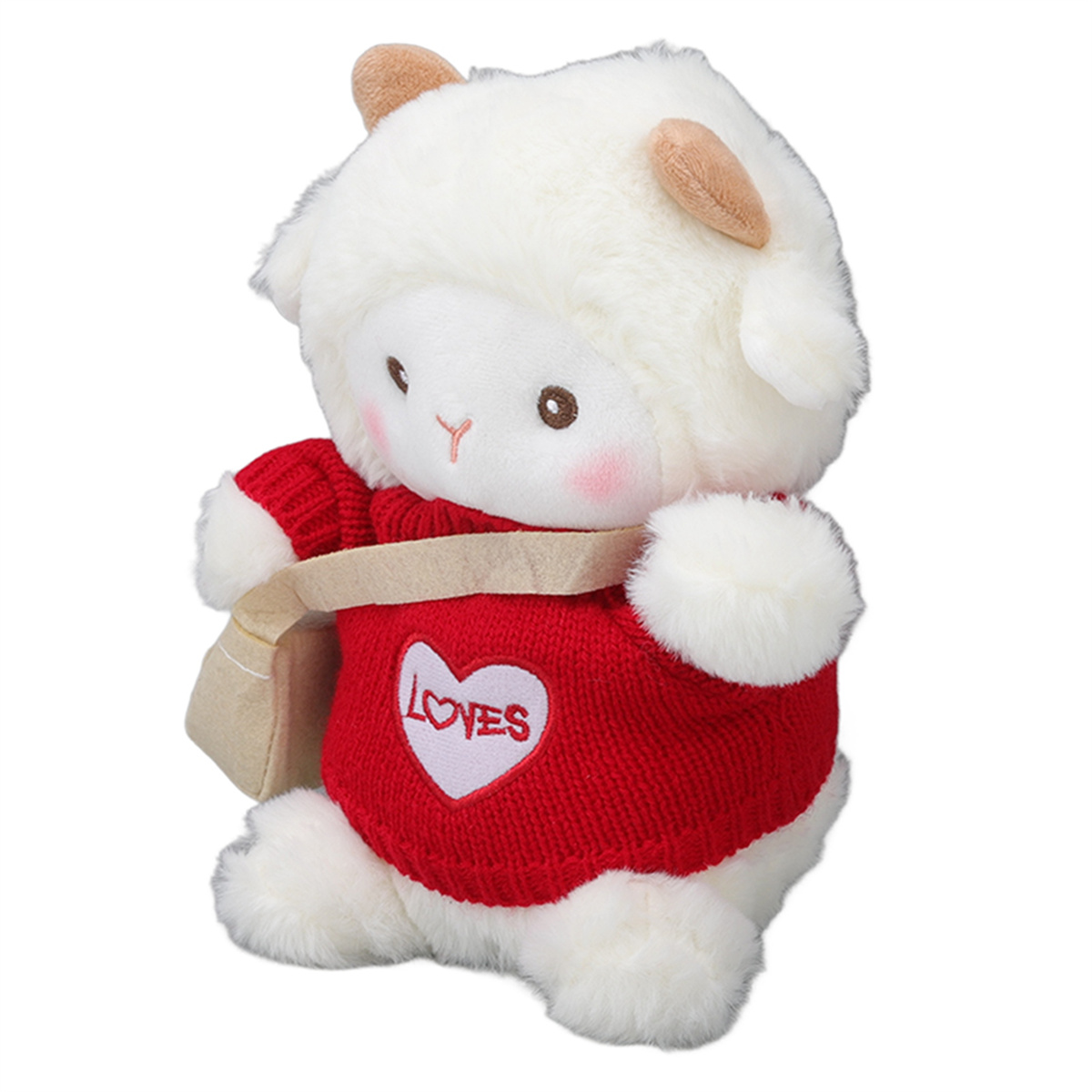 Ein Stofflamm mit rotem Pullover mit Herzaufdruck „LOVES“ und einer beigen Umhängetasche.