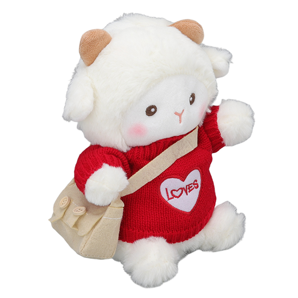 Ein Schaf-Plüschtier mit rotem Pullover und beige Tasche. Auf dem Pullover steht LOVE auf einem Herz.
