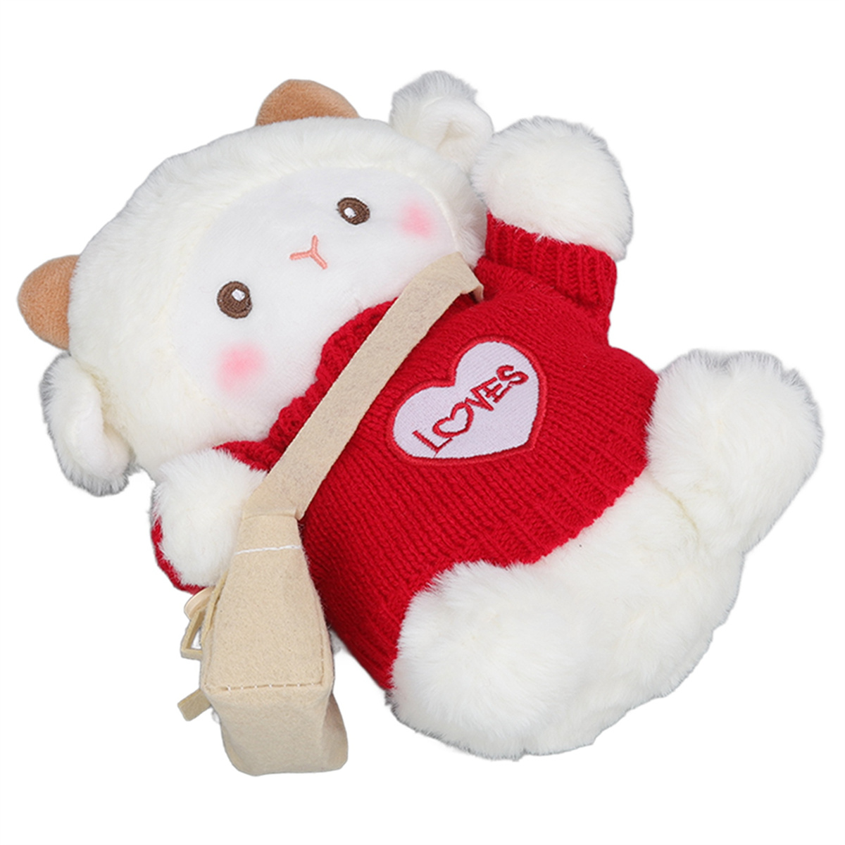 Ein weißes Stoffschaf mit rotem Pullover und Herz mit LOVE, sowie einer beigen Tasche.