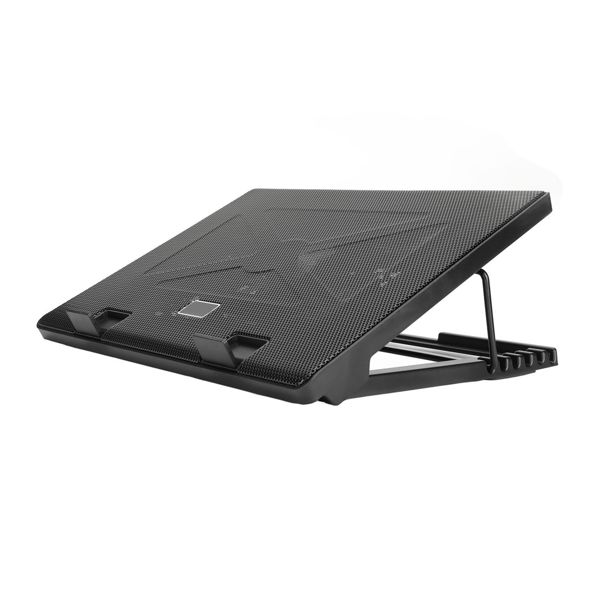 Schwarzer Laptopständer, abgewinkelt, strukturierte Oberfläche, mit Stütze unten.