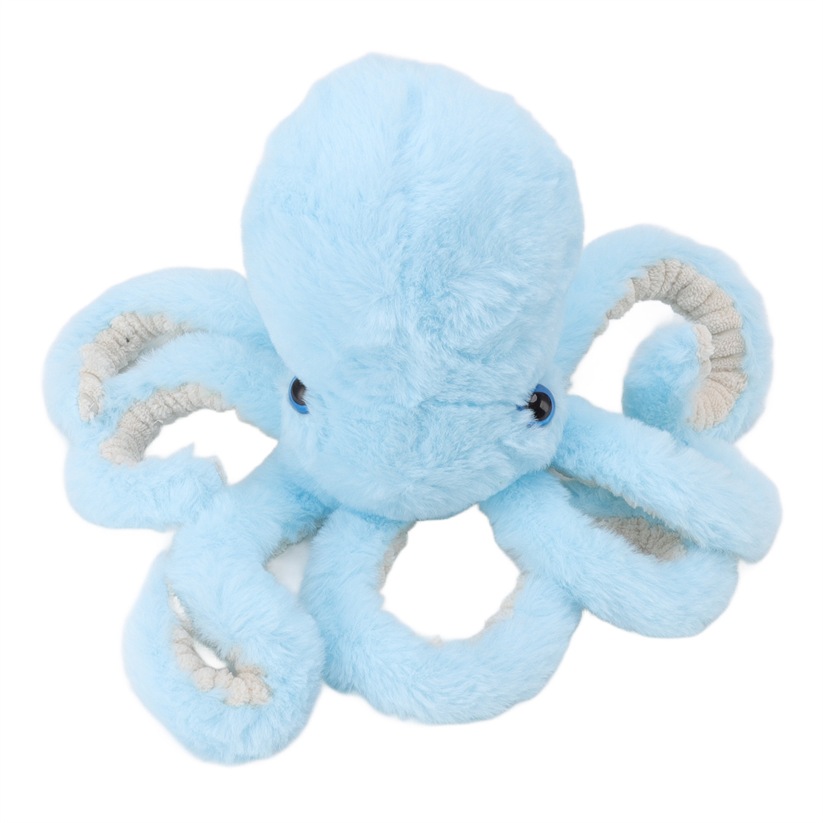 Blaues Plüsch-Oktopus-Spielzeug. Weich, mit grauen Tentakeln, rundem Kopf und schwarzen Augen. Weißer Hintergrund.