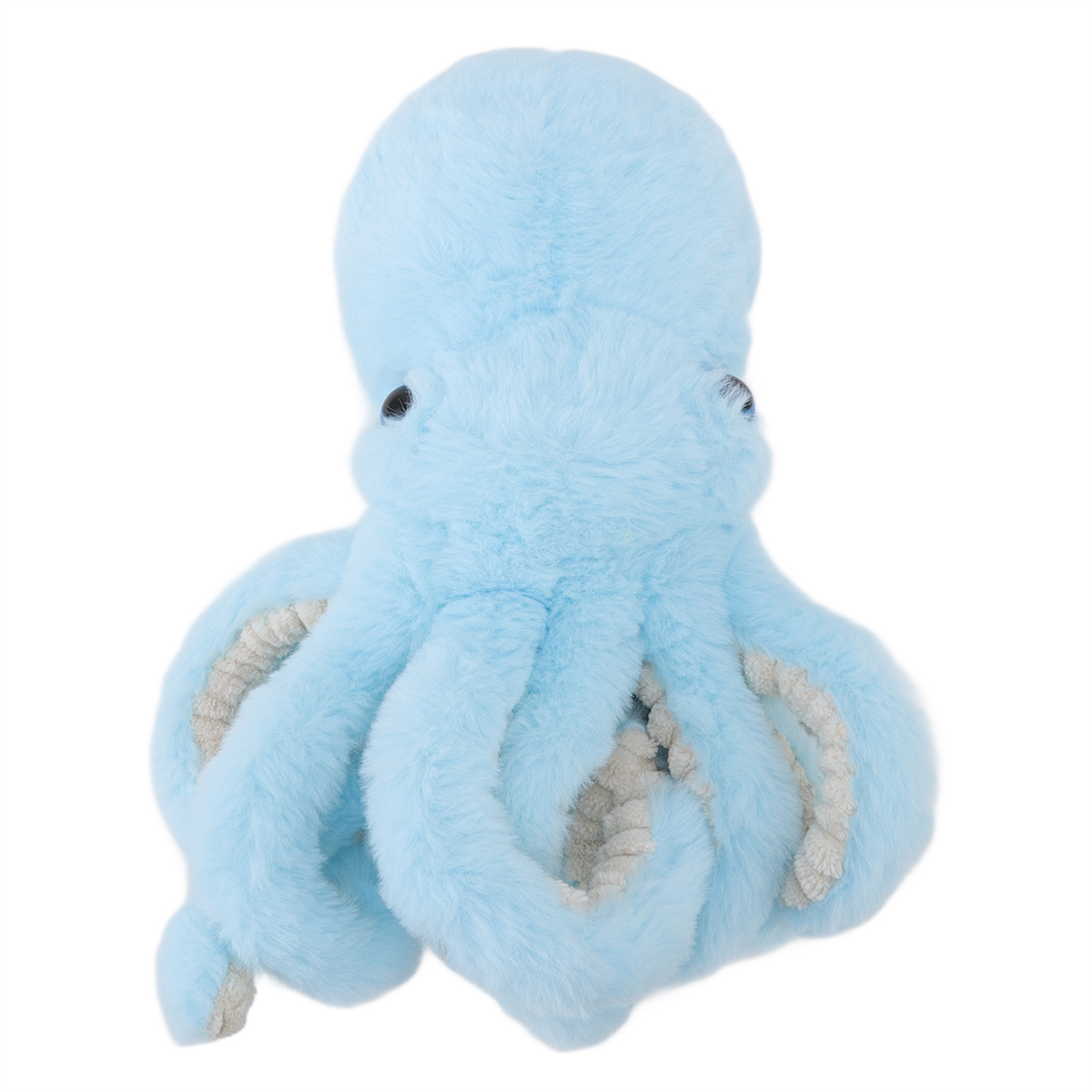 Ein blauer Plüsch-Oktopus mit acht Tentakeln und kleinen schwarzen Augen. Er ist hellblau.