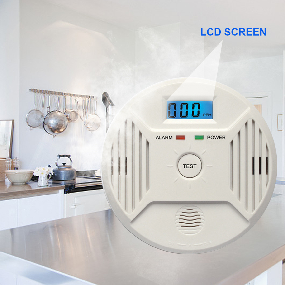 Weißer Rauchmelder mit LCD-Bildschirm. Zeigt PPM an, Testtaste.