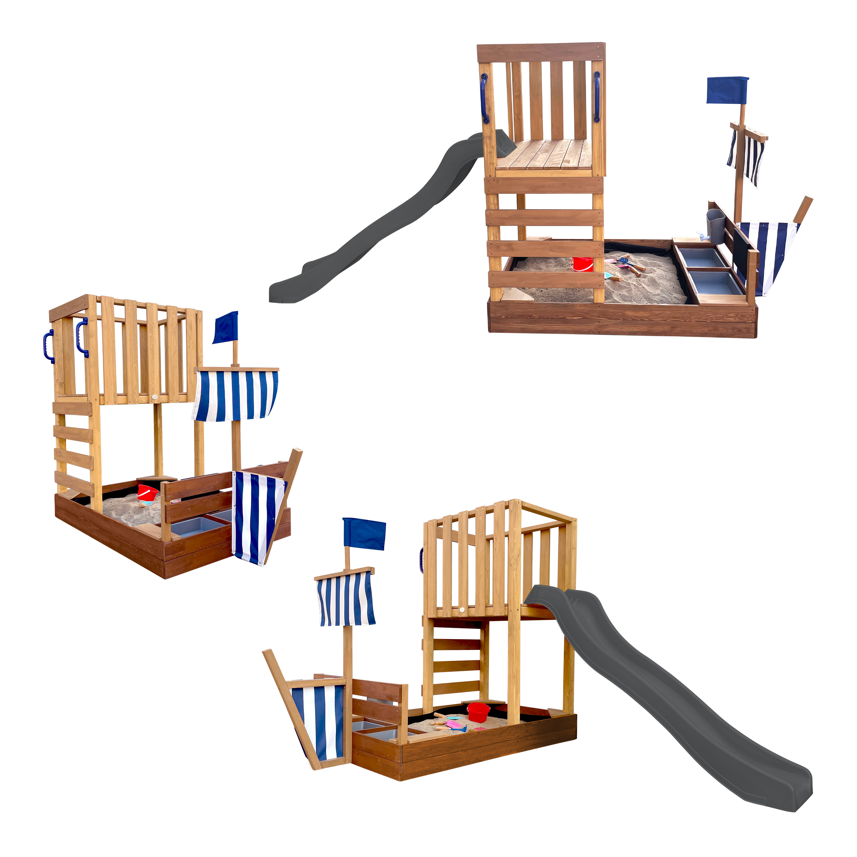 Mehrere Piratenschiff-Spielsets aus Holz mit Rutschen und Flaggen. Weißer Hintergrund.