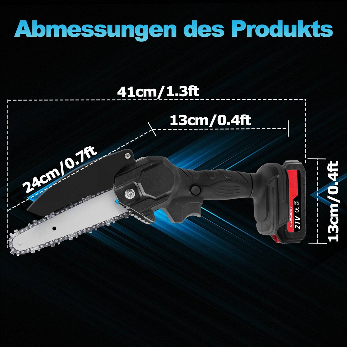 Schwarz-silberne Mini-Kettensäge mit angegebenen Abmessungen, vor blauem Farbverlauf.