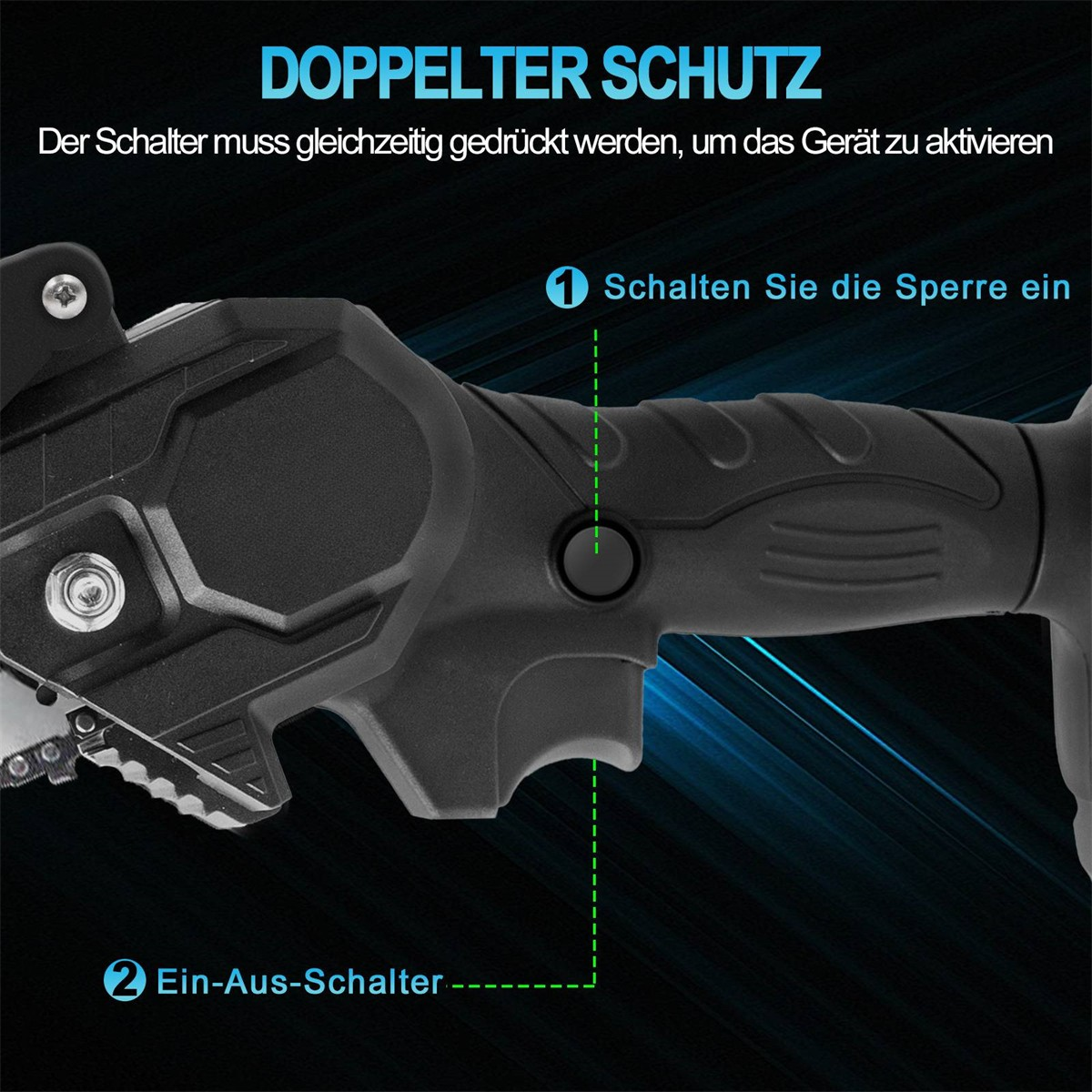 Schwarzes Schneidwerkzeug. Text und Pfeile, die auf den Schalter zeigen.