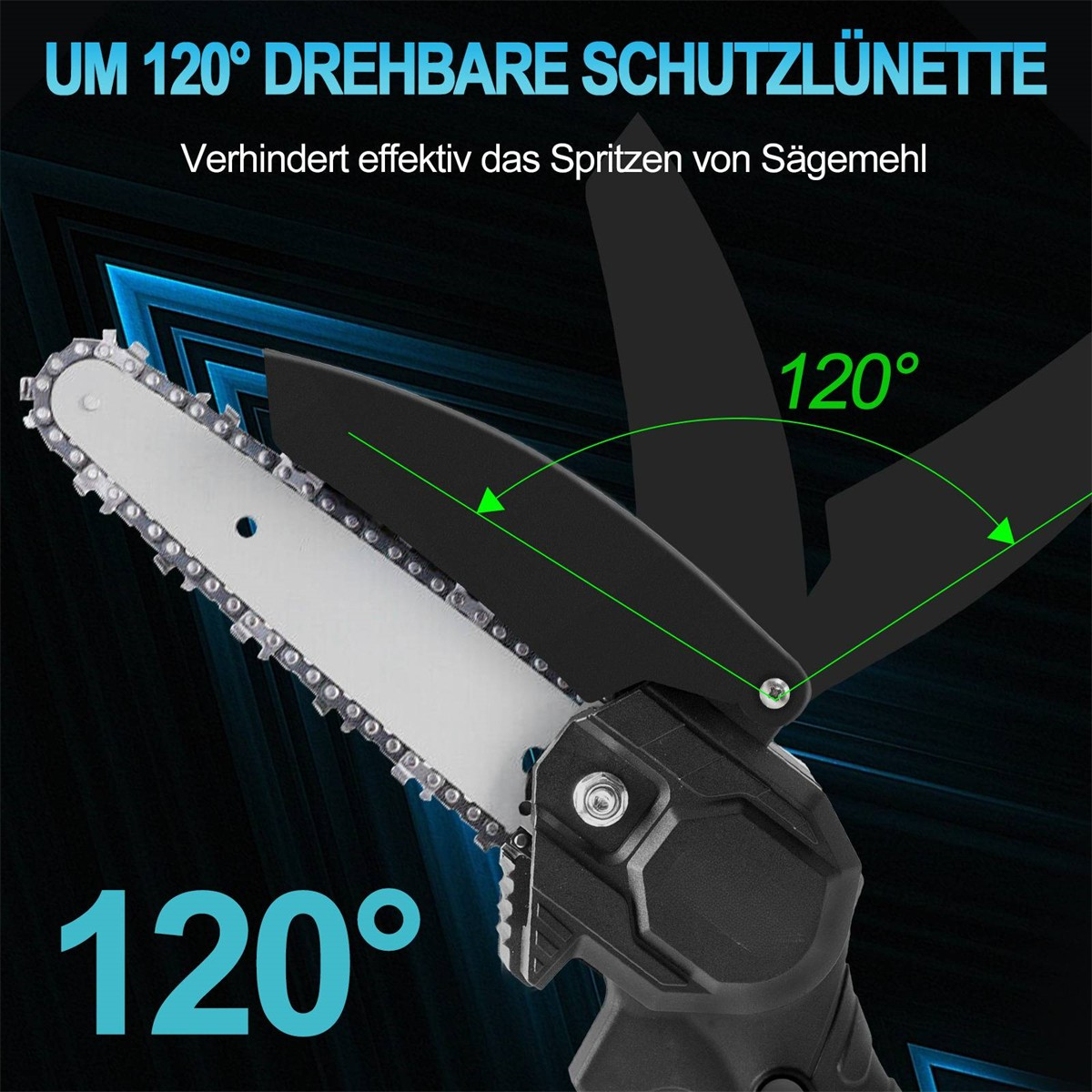 Eine schwarze Kettensäge mit drehbarem Schutz. Der Schutz ist bei 120 Grad gezeigt, um das Spritzen von Sägemehl zu verhindern.