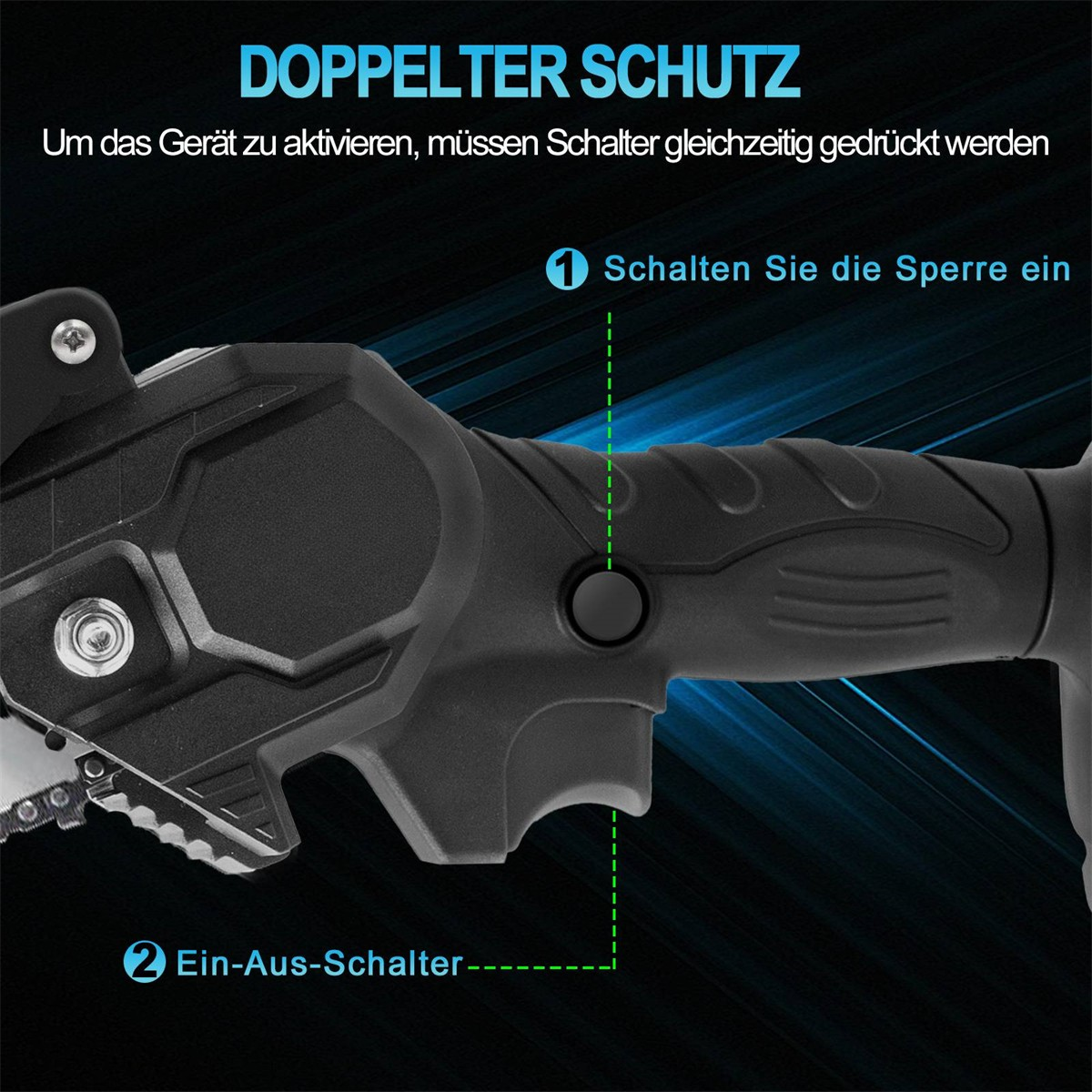 Nahaufnahme eines schwarzen Geräts mit Verriegelungsschalter und Ein/Aus-Taste.