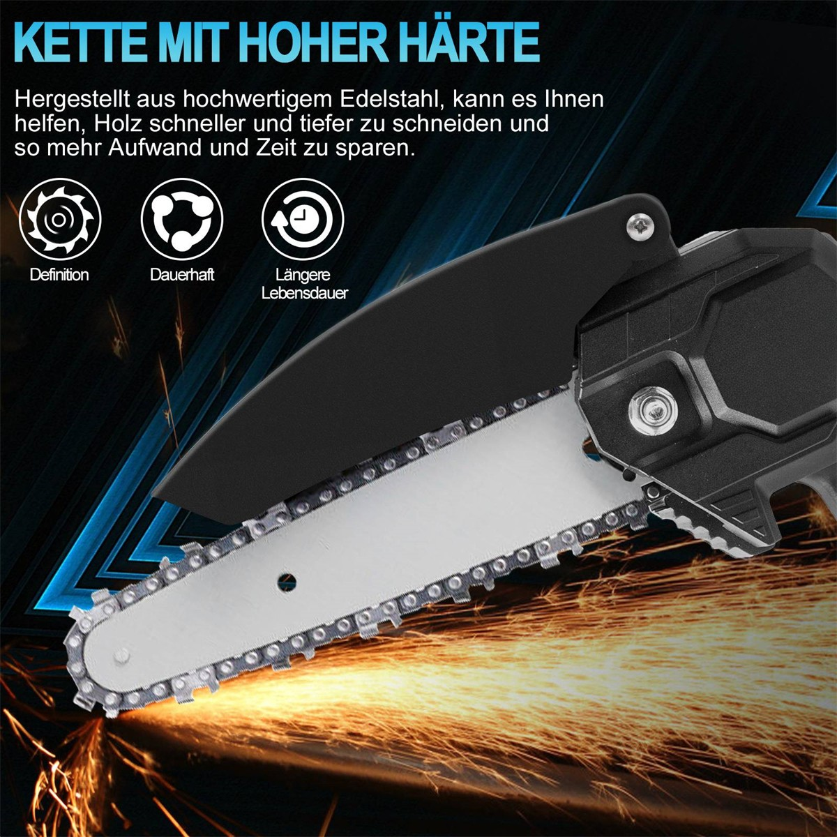 Eine schwarze Kettensäge mit silberner Klinge. Funken fliegen von der Klinge, und Text beschreibt ihre Eigenschaften.