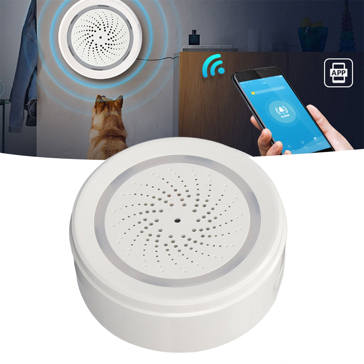 Weißes Sicherheitsgerät an einer Wand, mit einem Hund und einem Telefon, das ein App-Symbol anzeigt.