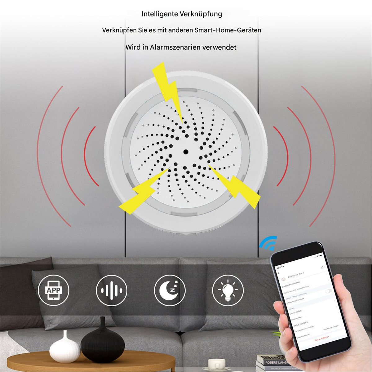 Smart-Home-Gerät an einer Wand, mit einem Telefon, das eine App-Oberfläche zeigt. Rote Wellensymbole.