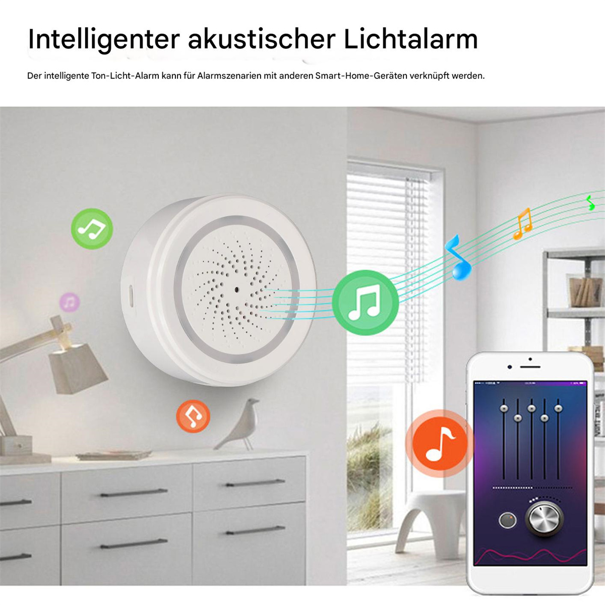 Ein Smart-Home-Gerät mit Lautsprecher und Licht, verbunden mit einem Telefon, das eine App-Oberfläche anzeigt.