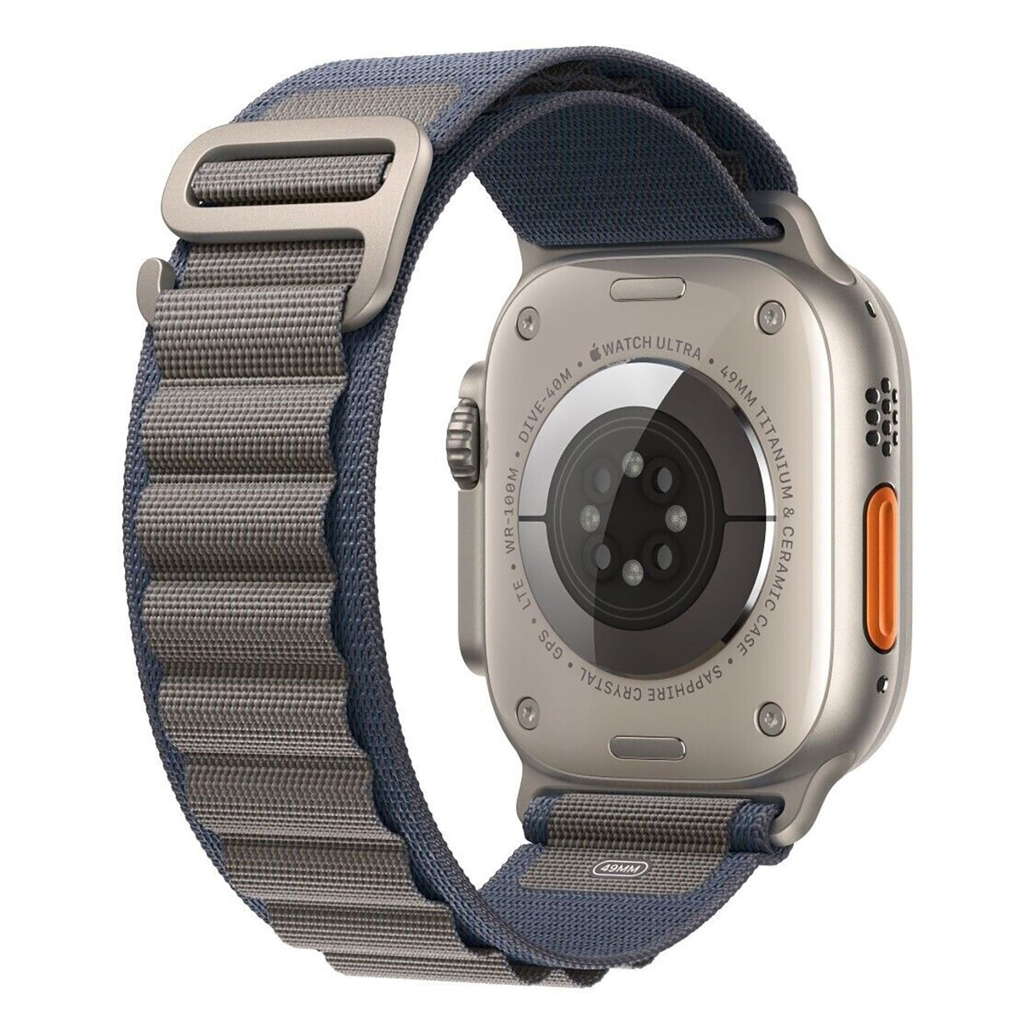 Silberne Apple Watch Ultra mit blau-grauem Armband, Rückansicht.
