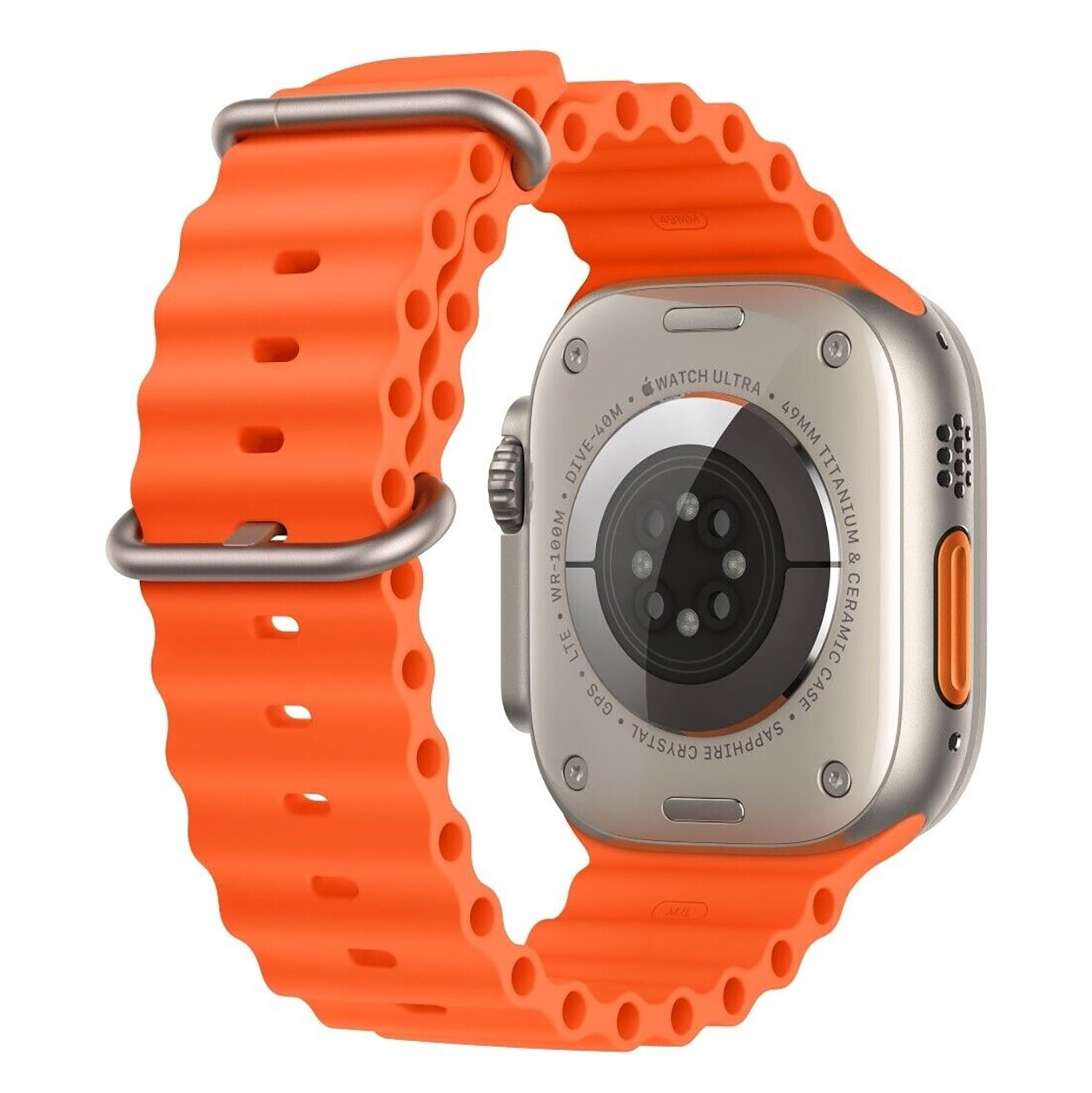 Nahaufnahme einer Apple Watch Ultra mit orangefarbenem Armband, Rückseite der Uhr.