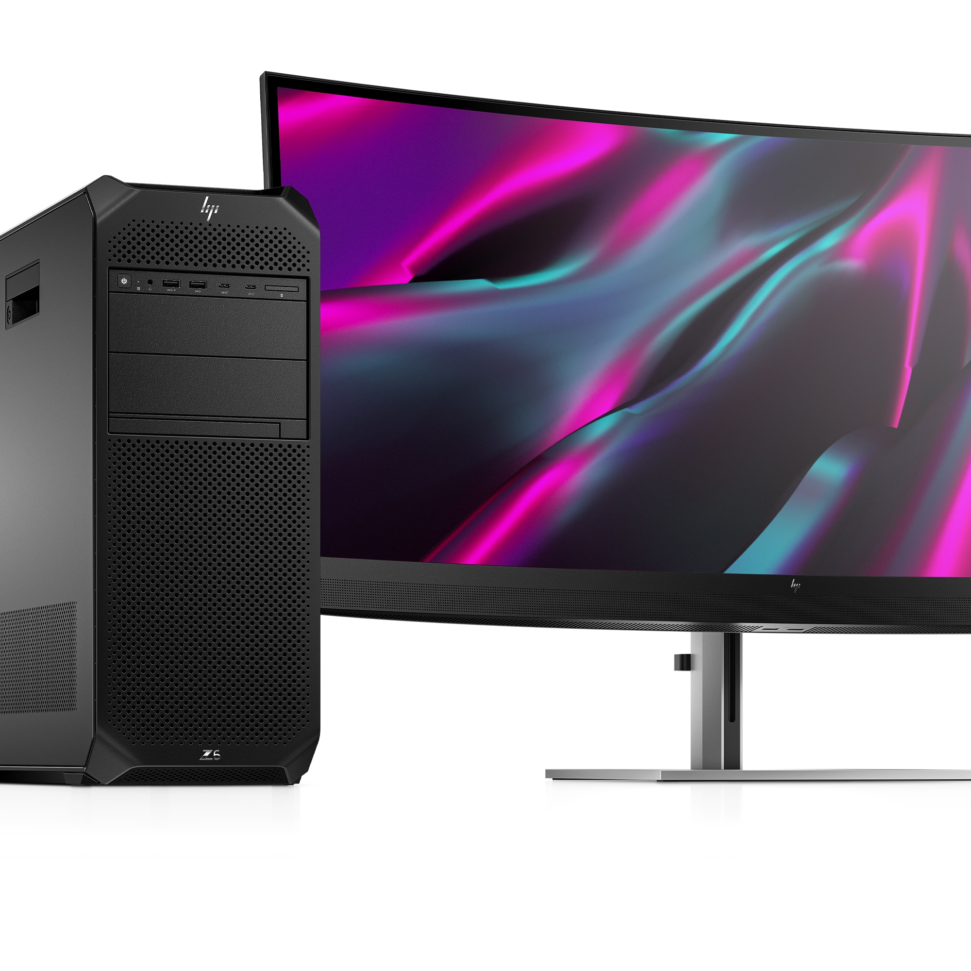 Workstation HP Z nera e configurazione monitor curvo su sfondo bianco.