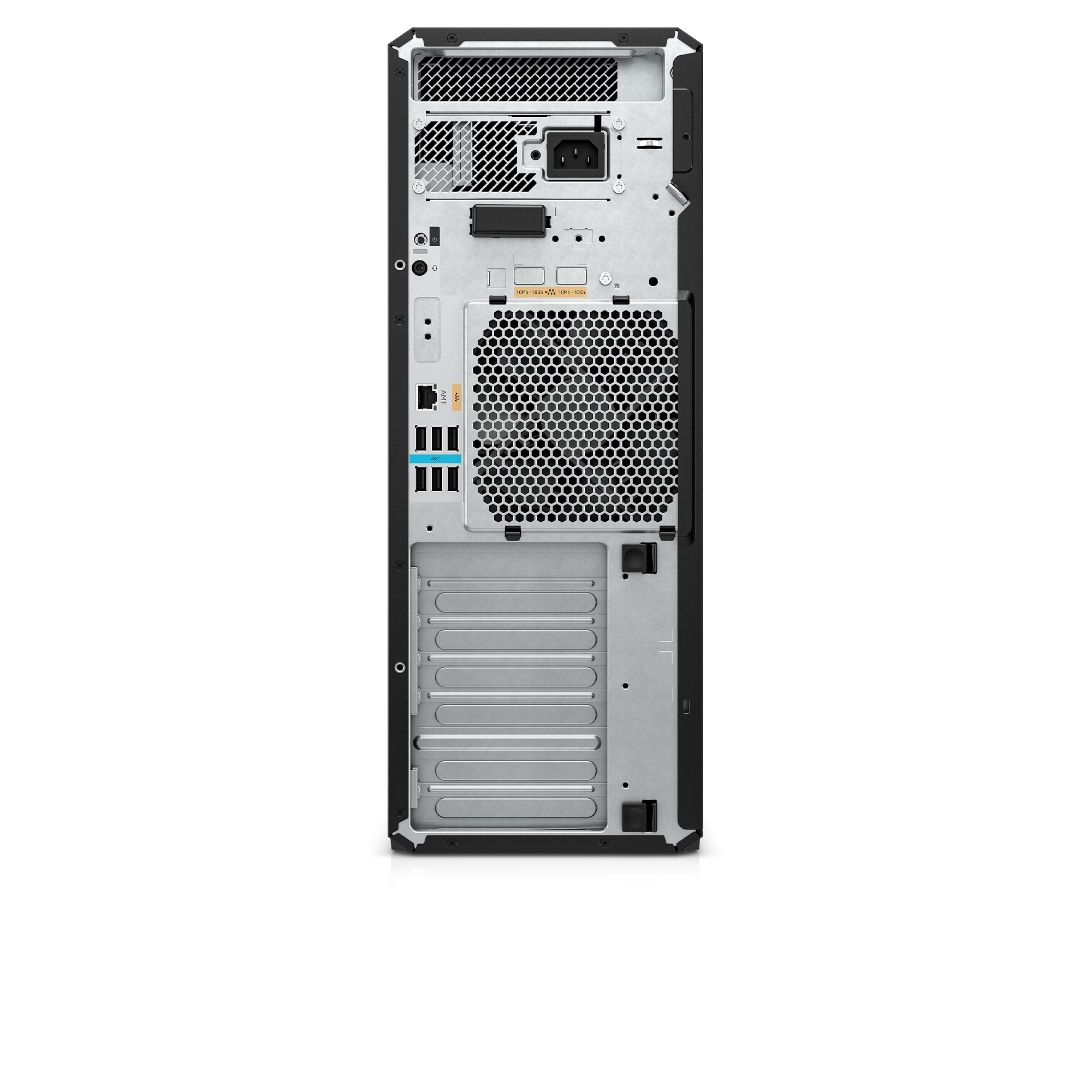 Vista posteriore di un case per computer desktop nero con varie porte e una ventola.