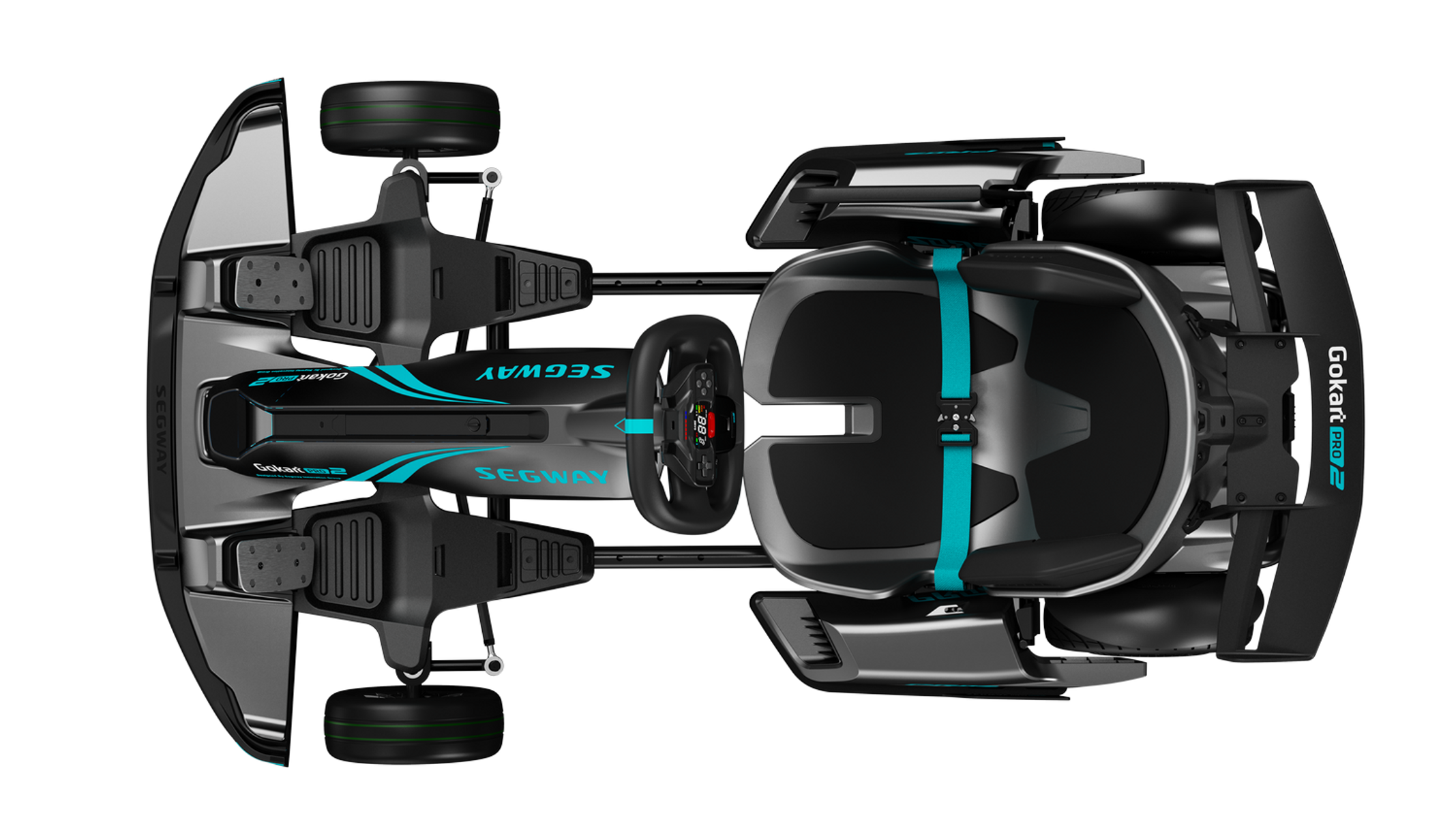 Czarny i turkusowy Segway Gokart Pro. Widok z góry, pojazd na czarnym tle.