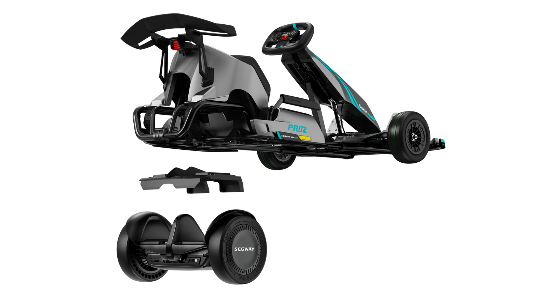 Szary i czarny gokart z podstawą Segway, na czarnym tle. Części są oddzielone.