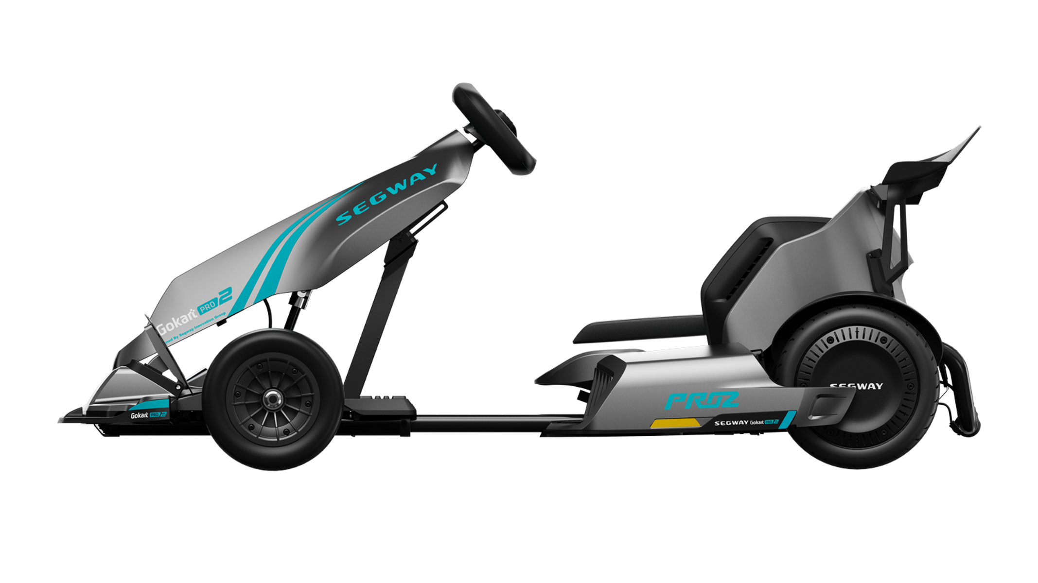Szary i niebieski gokart Segway z czarnym siedzeniem i kołami. Tło jest białe.