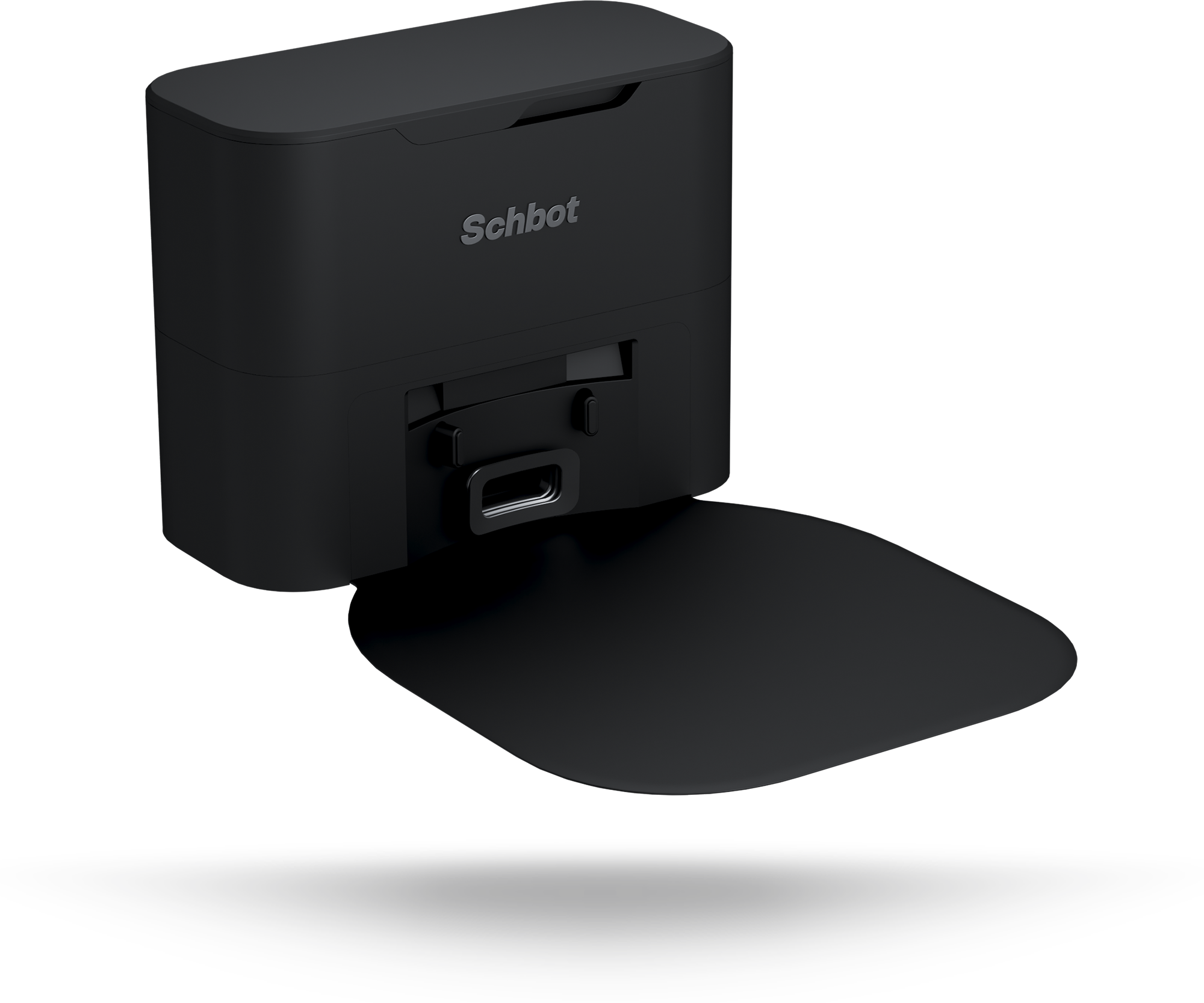 Ein schwarzer Roboter-Staubsauger mit Ladestation. Das Gerät befindet sich auf einer schwarzen Oberfläche.