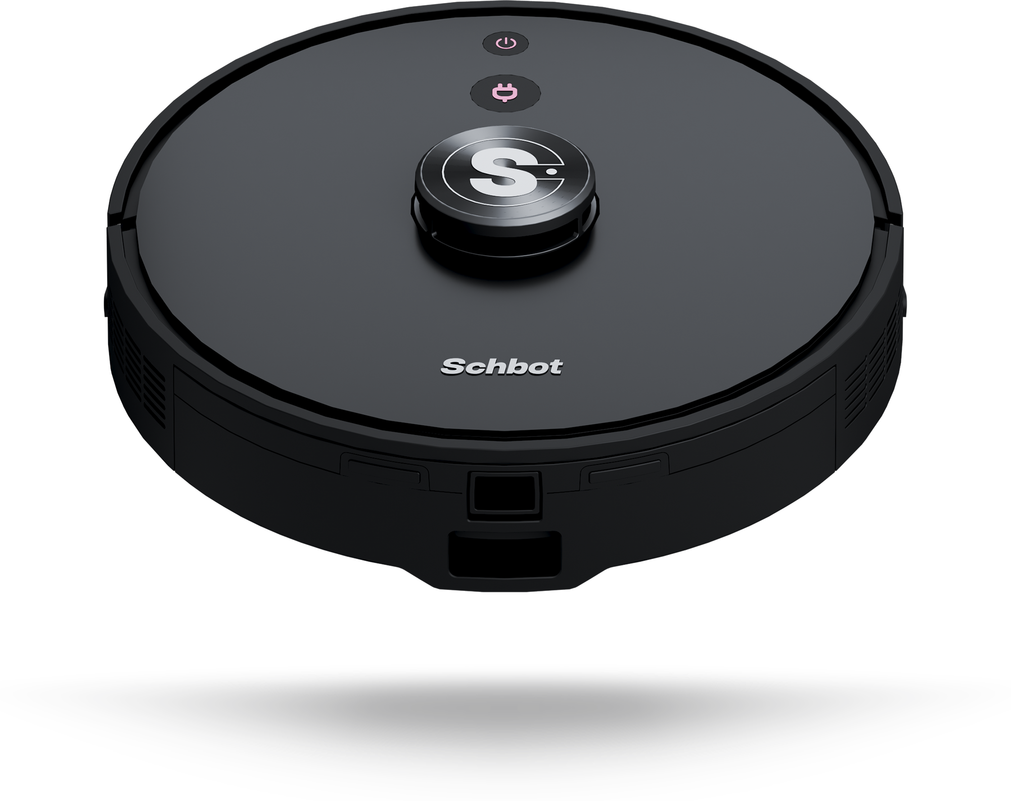 Schwarzer Roboter-Staubsauger mit der Aufschrift 'Schbot' auf schwarzem Grund.