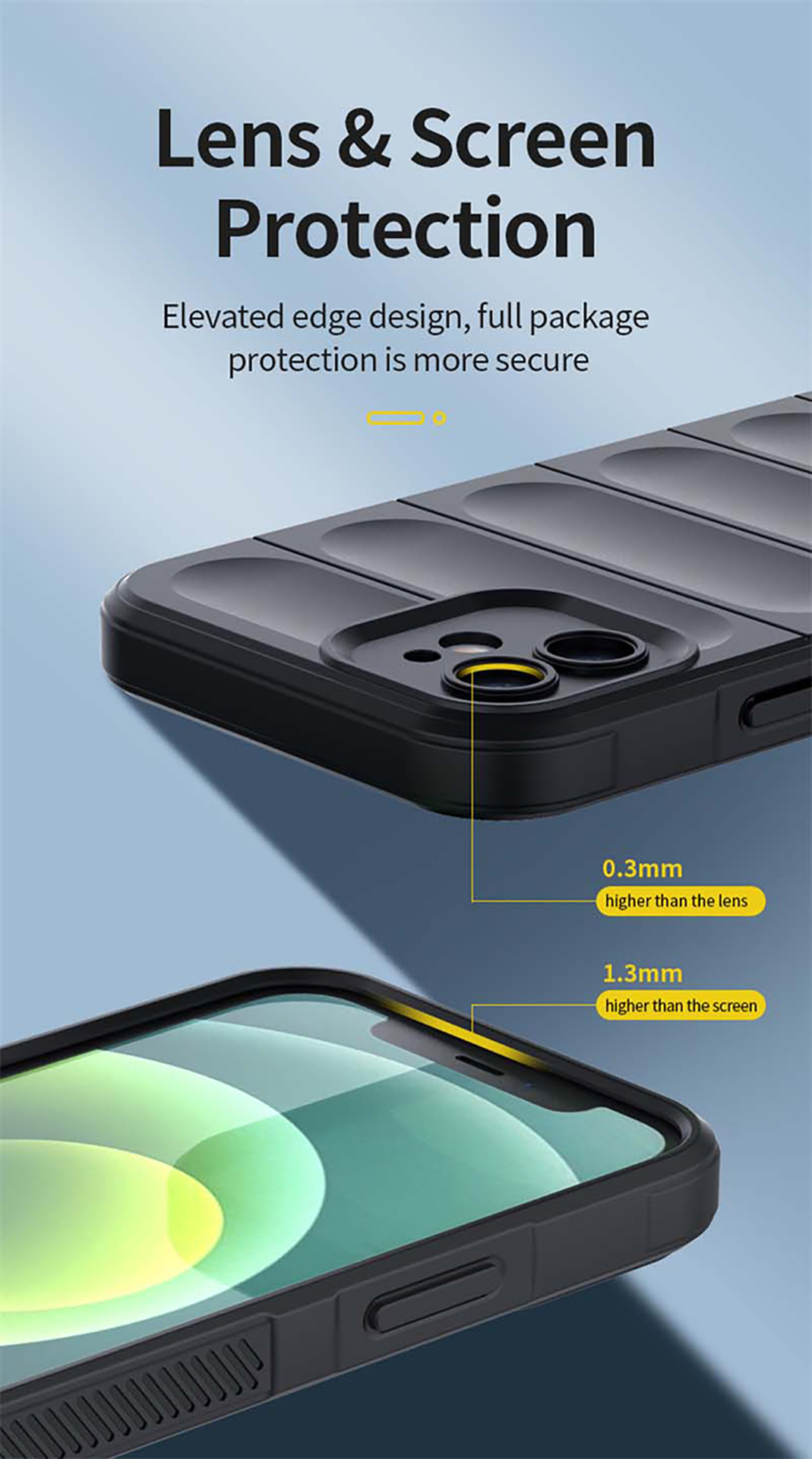 Zwarte telefoonhoes op een telefoon, met nadruk op lens- en schermbescherming. Witte achtergrond.