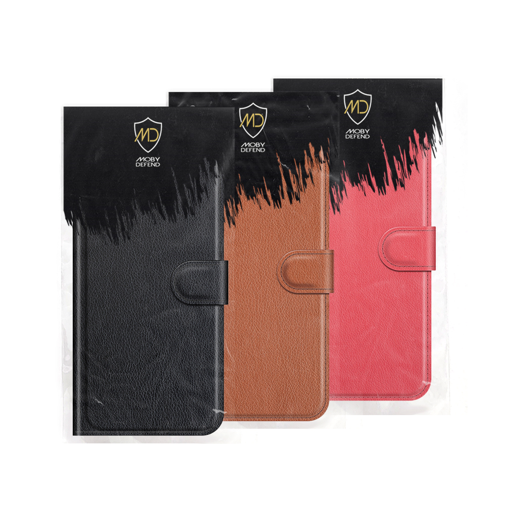 Drie telefoonhoesjes in zwart, bruin en roze, elk met een hoes en logo.