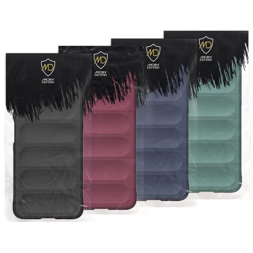 Four phone cases in plastic. Black, burgundy, blue and green colors.