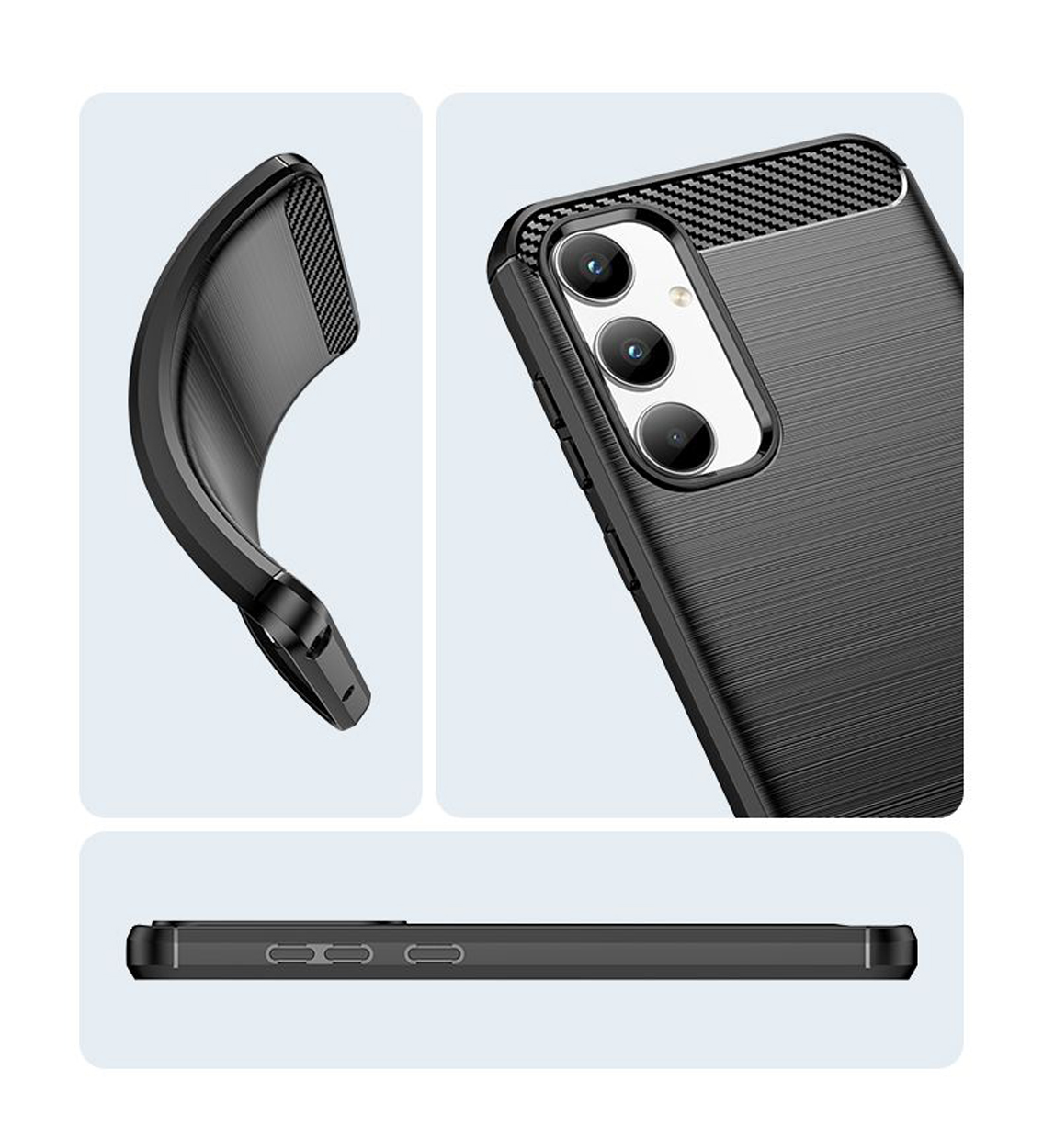 Coque de téléphone noire avec dos texturé et boutons latéraux. Affichée en 3 vues.