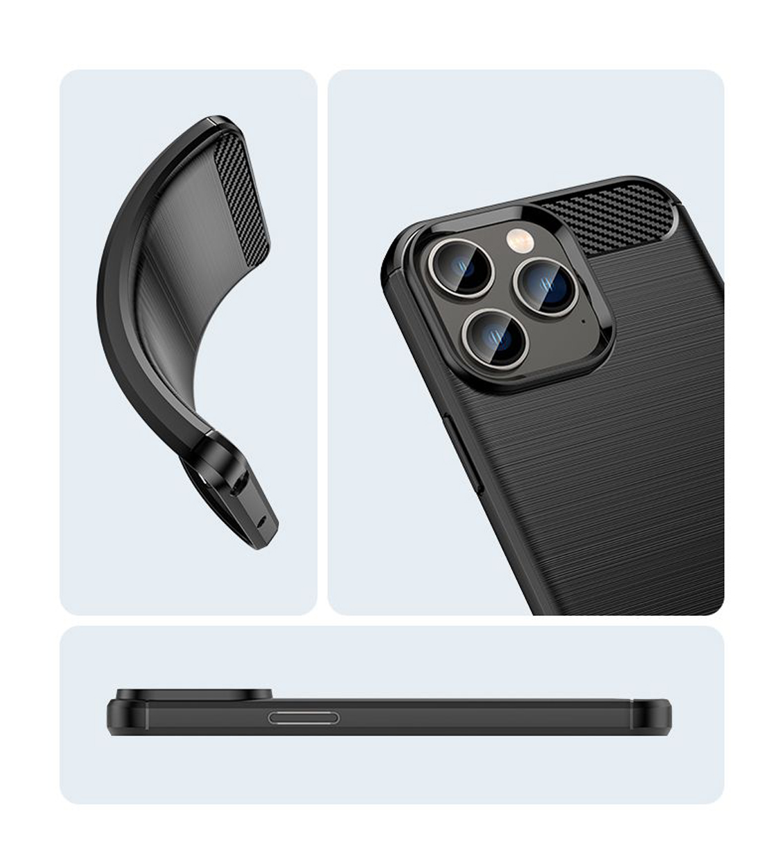 Zwarte telefoonhoes met een koolstofvezeltextuur en een cameramodule.