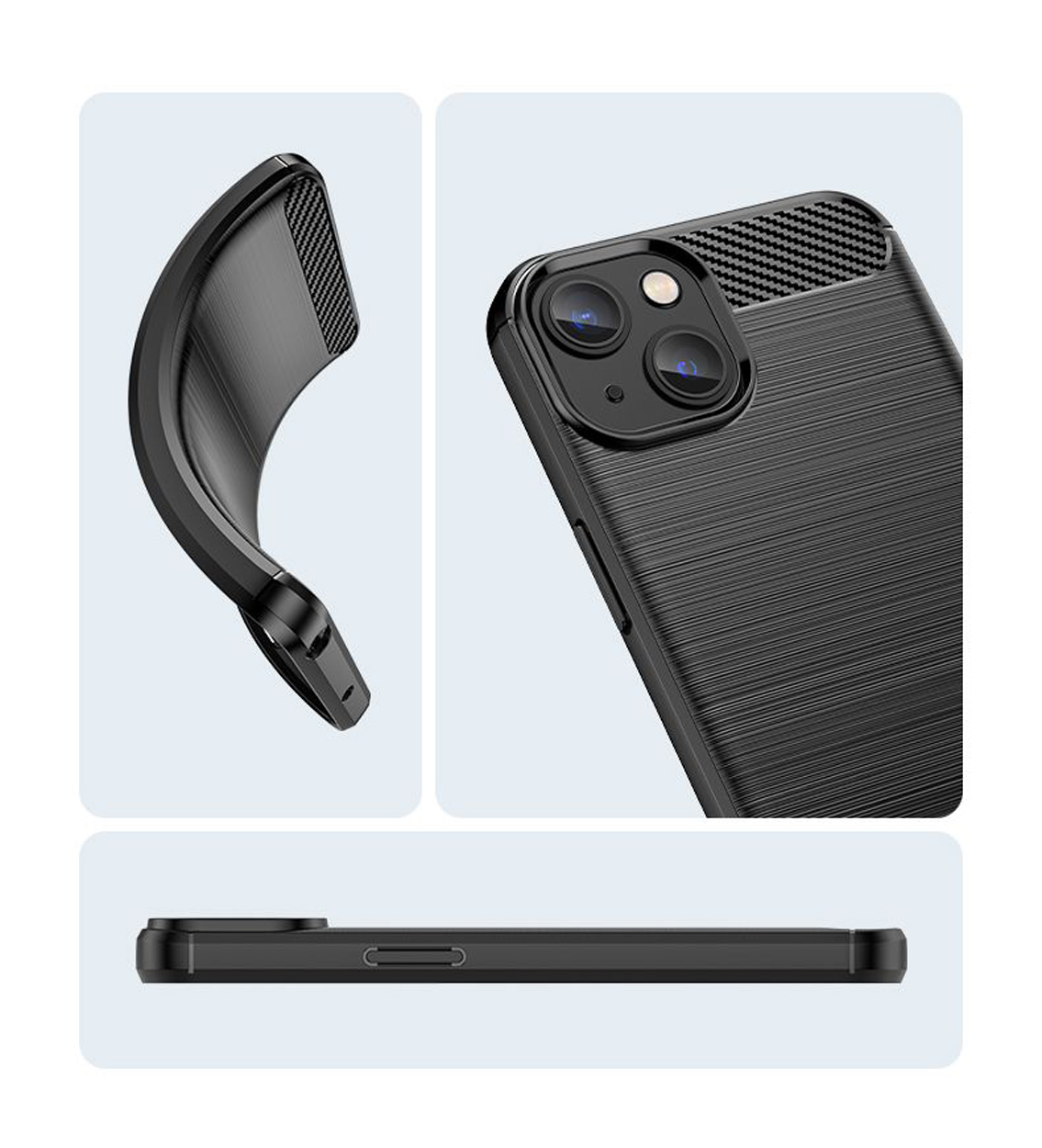 Trois images d'une coque de téléphone noire. La coque est texturée et conçue pour protéger le téléphone.