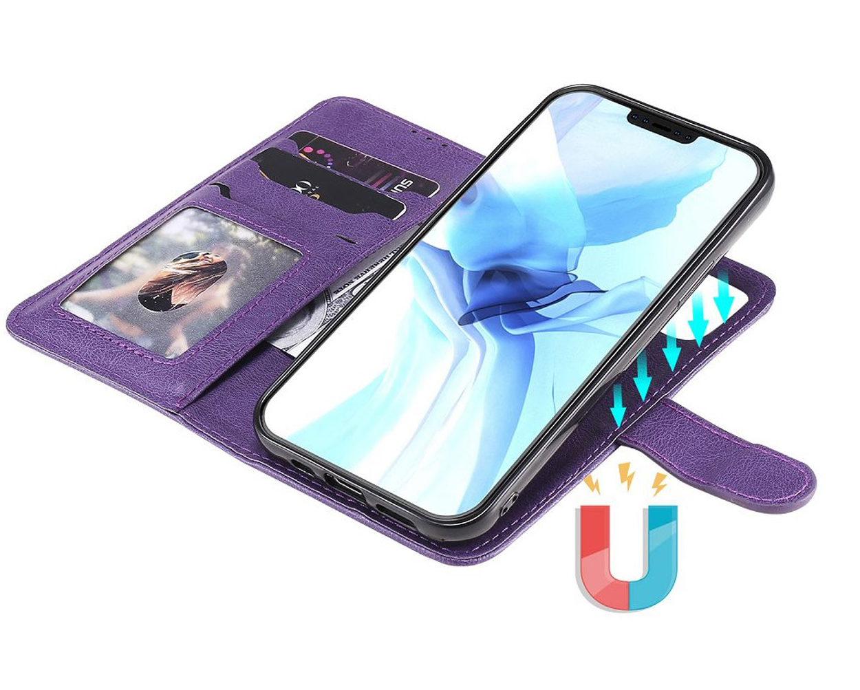 Paarse telefoonhoes met telefoon erin, zichtbare kaarten en een magneetteken.