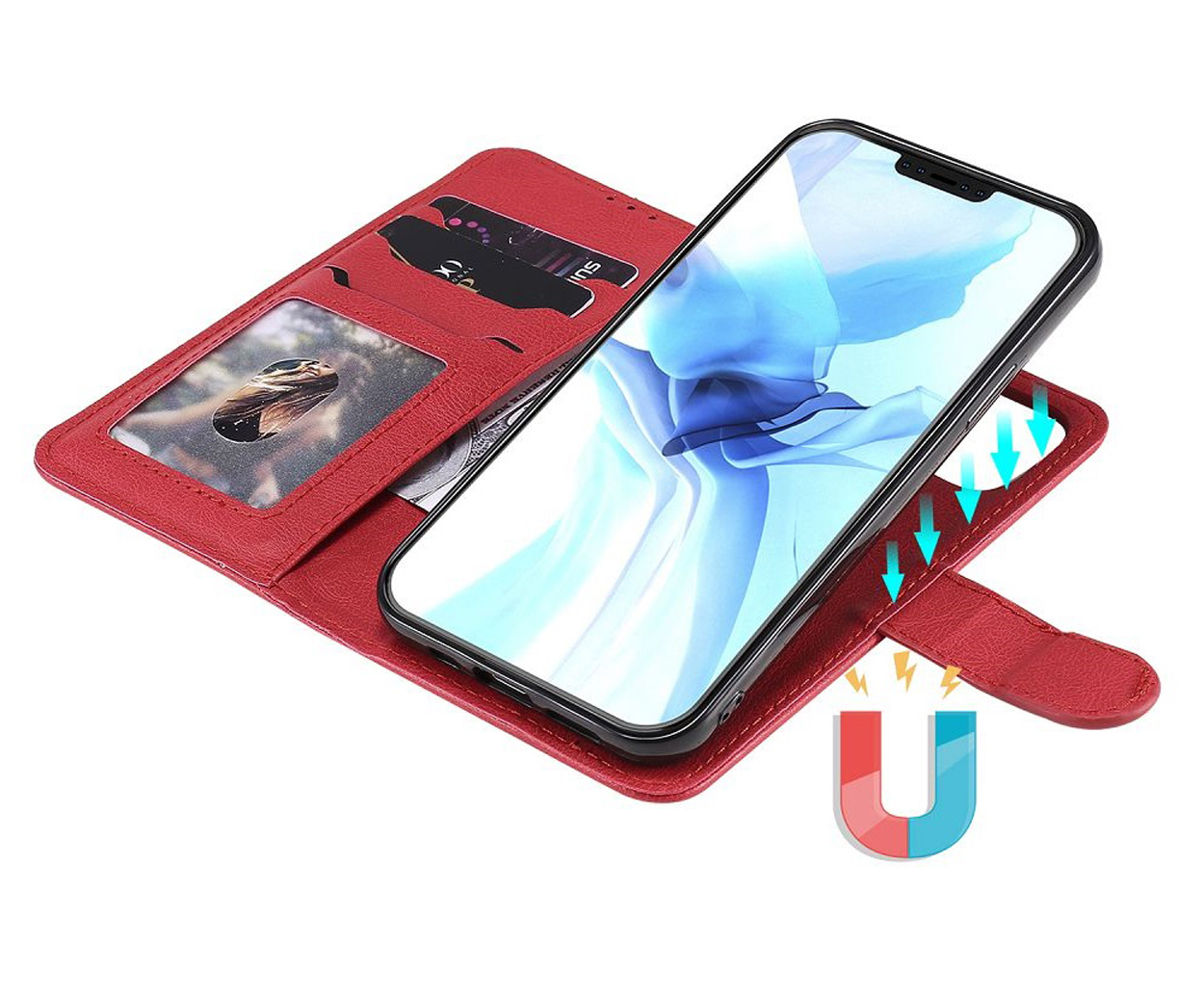Een rode telefoonhoes met een telefoon en kaarten.