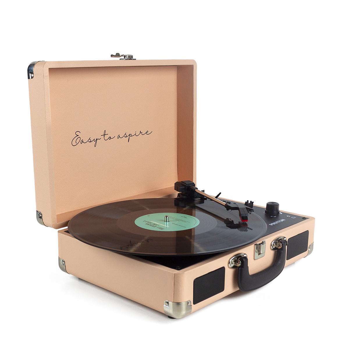 Różowy gramofon z otwartą pokrywą, odtwarzający płytę, ze słowami 'Easy to aspire'.