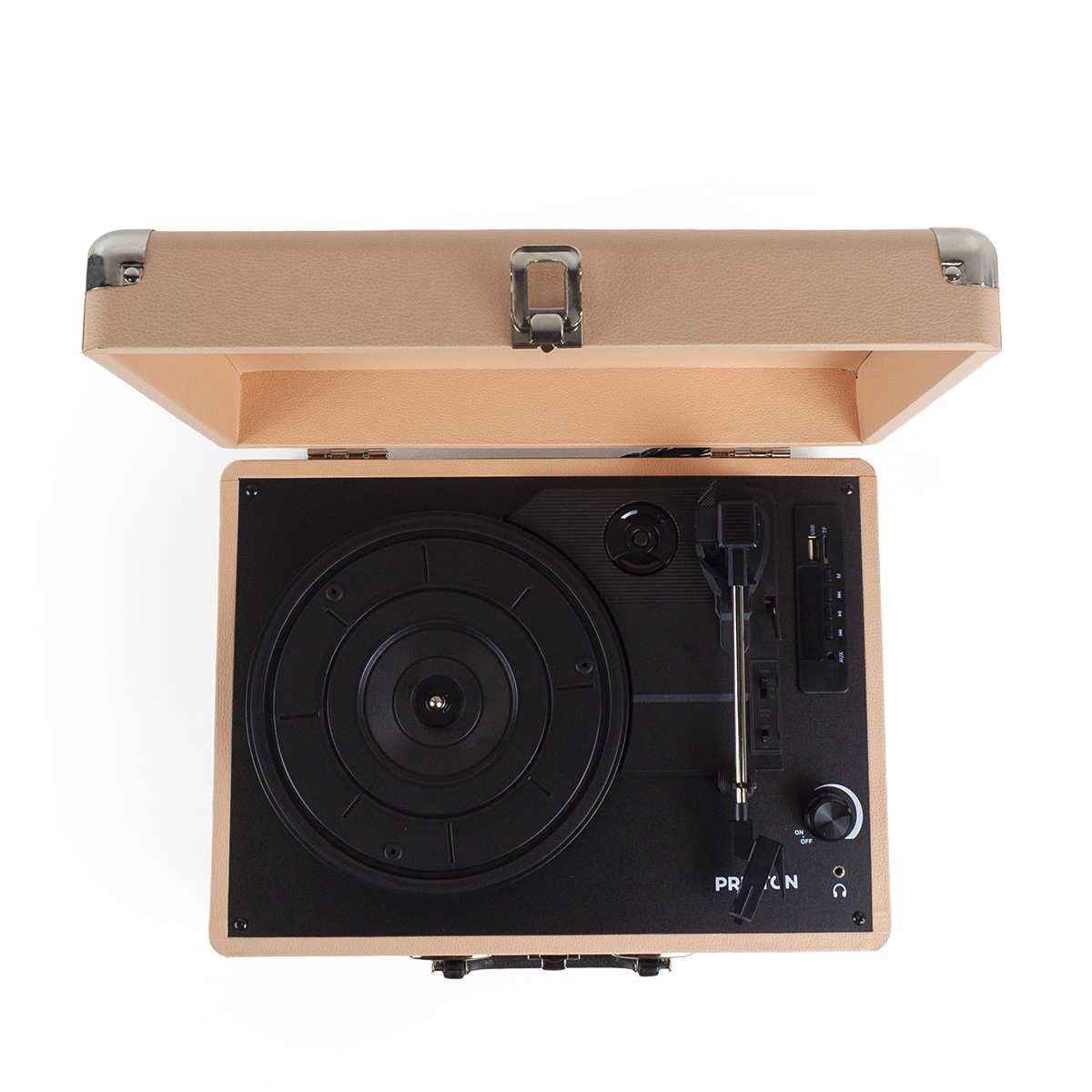 Widok z góry na różowo-czarny gramofon. Pokrywa jest otwarta.