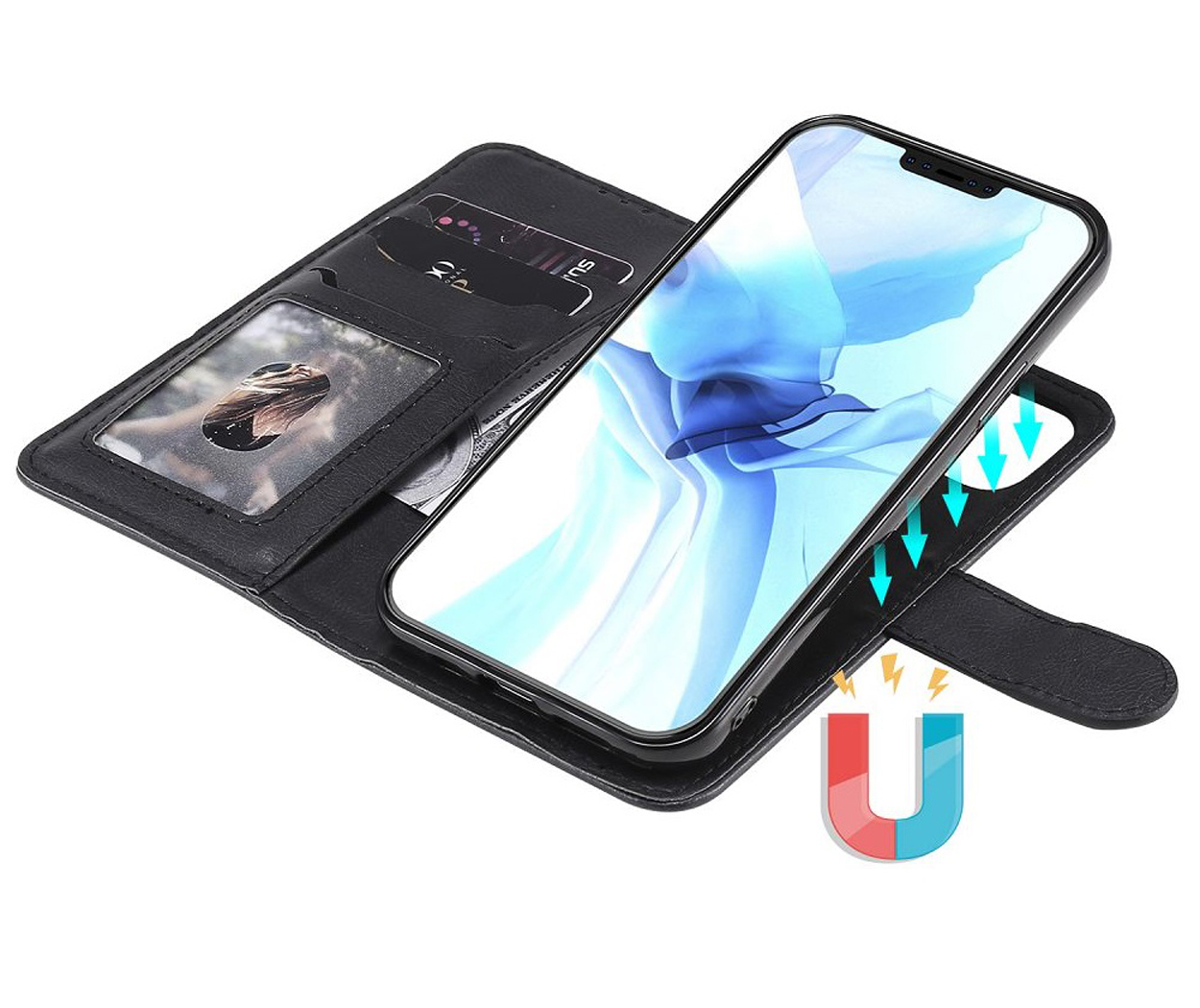 Coque de téléphone noire avec un téléphone à l'intérieur, des cartes visibles et un signe magnétique.