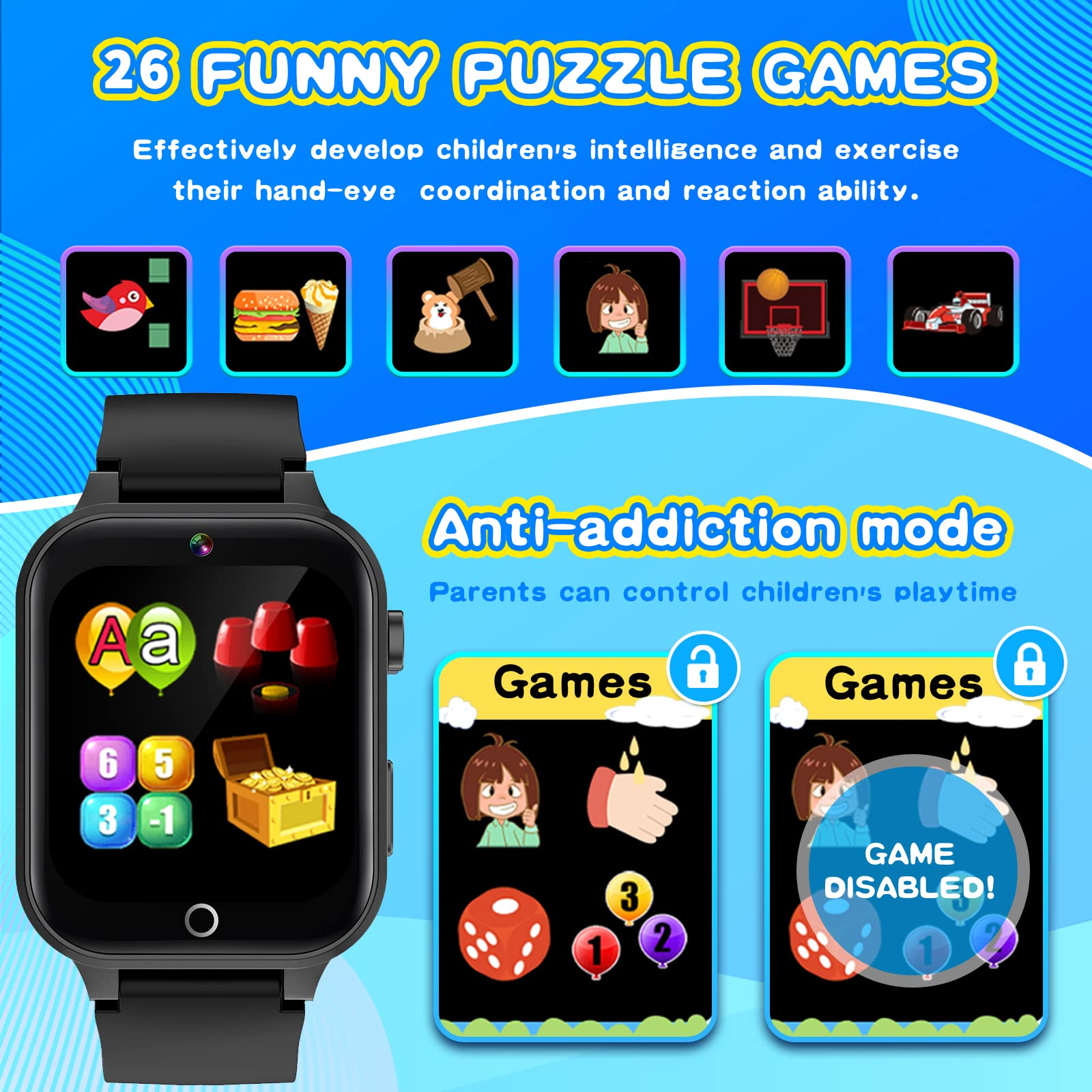 Eine Smartwatch, die Spiele zeigt, mit verschiedenen Spielsymbolen und einem Schlosssymbol.