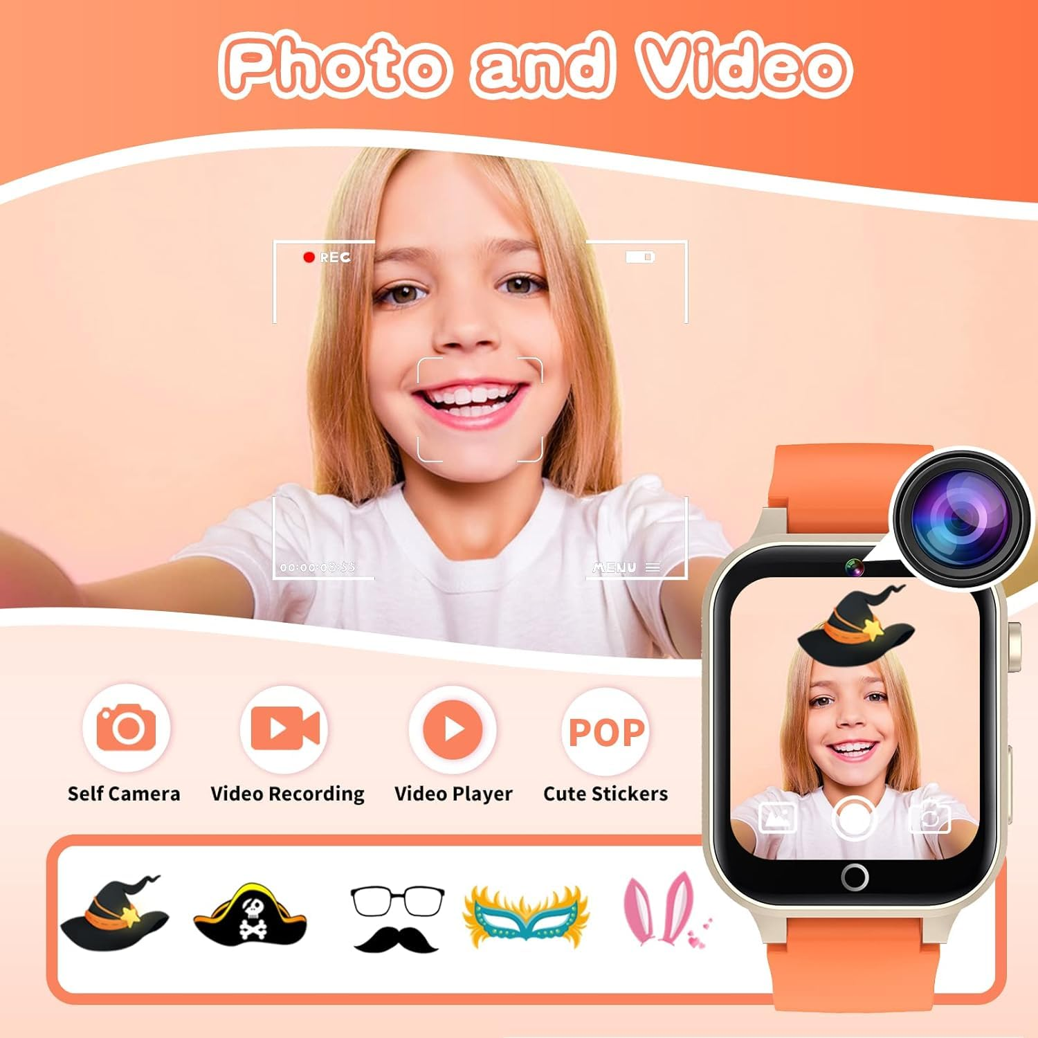 Ein Mädchen macht ein Selfie mit einer Smartwatch. Verschiedene Symbole für Fotooptionen werden angezeigt.
