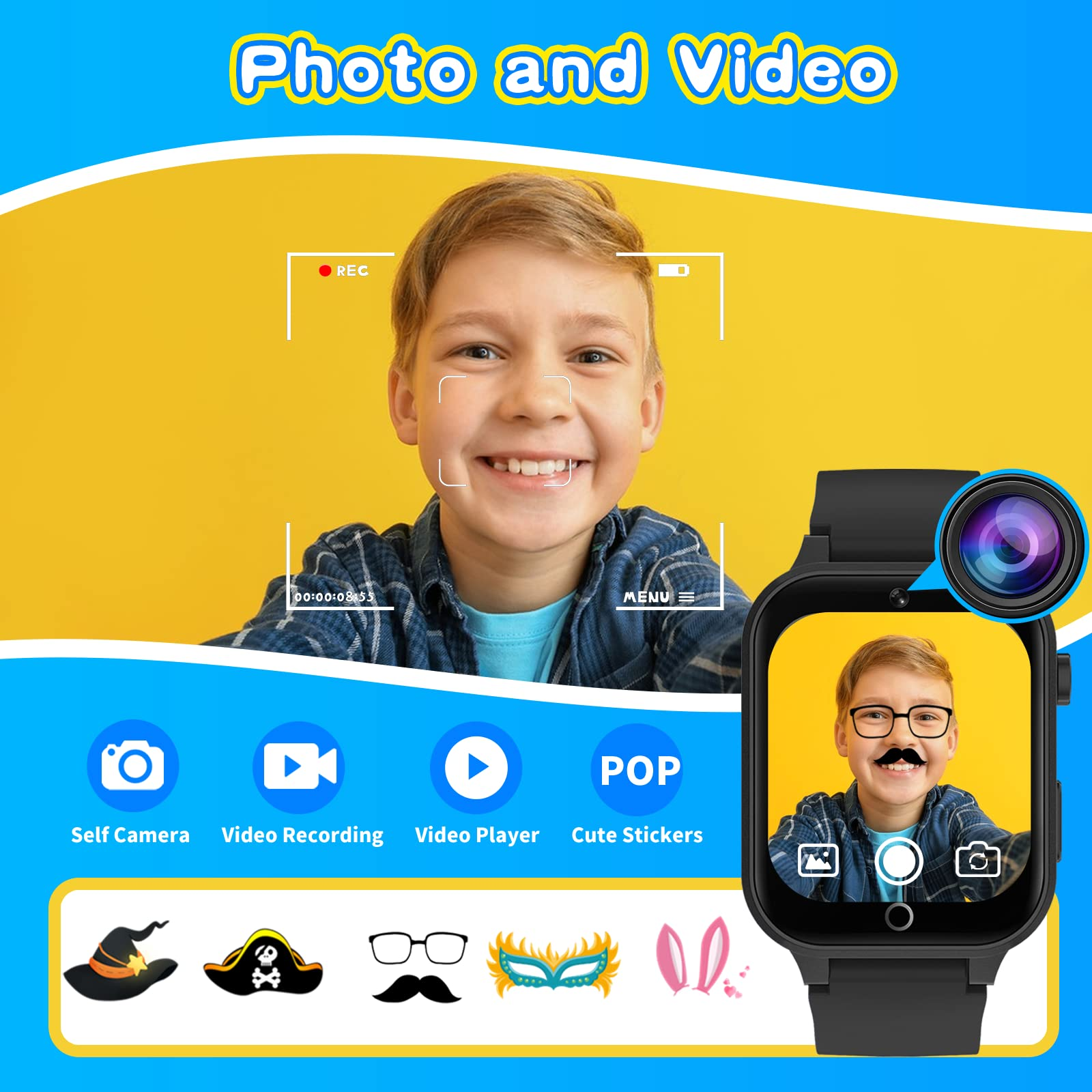 Ein Kind lächelt, gezeigt auf dem Bildschirm einer Smartwatch. Die Uhr hat eine Kamera und verschiedene Gesichtsticker.