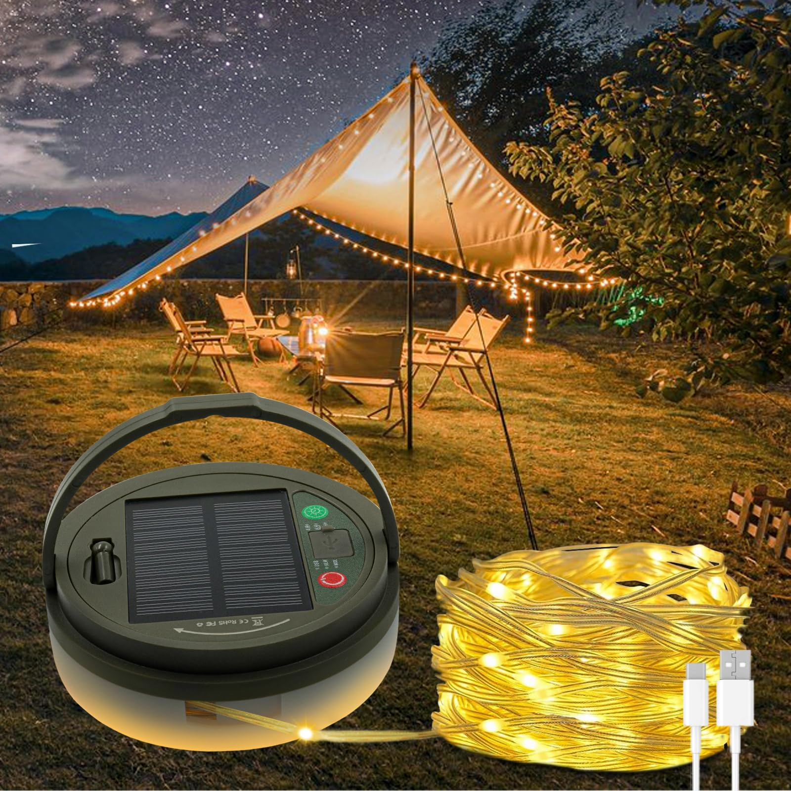 ZURABINI Solar- & USB-Aufladbar LED-Lichterkette, Wei, Warmwei | SATURN