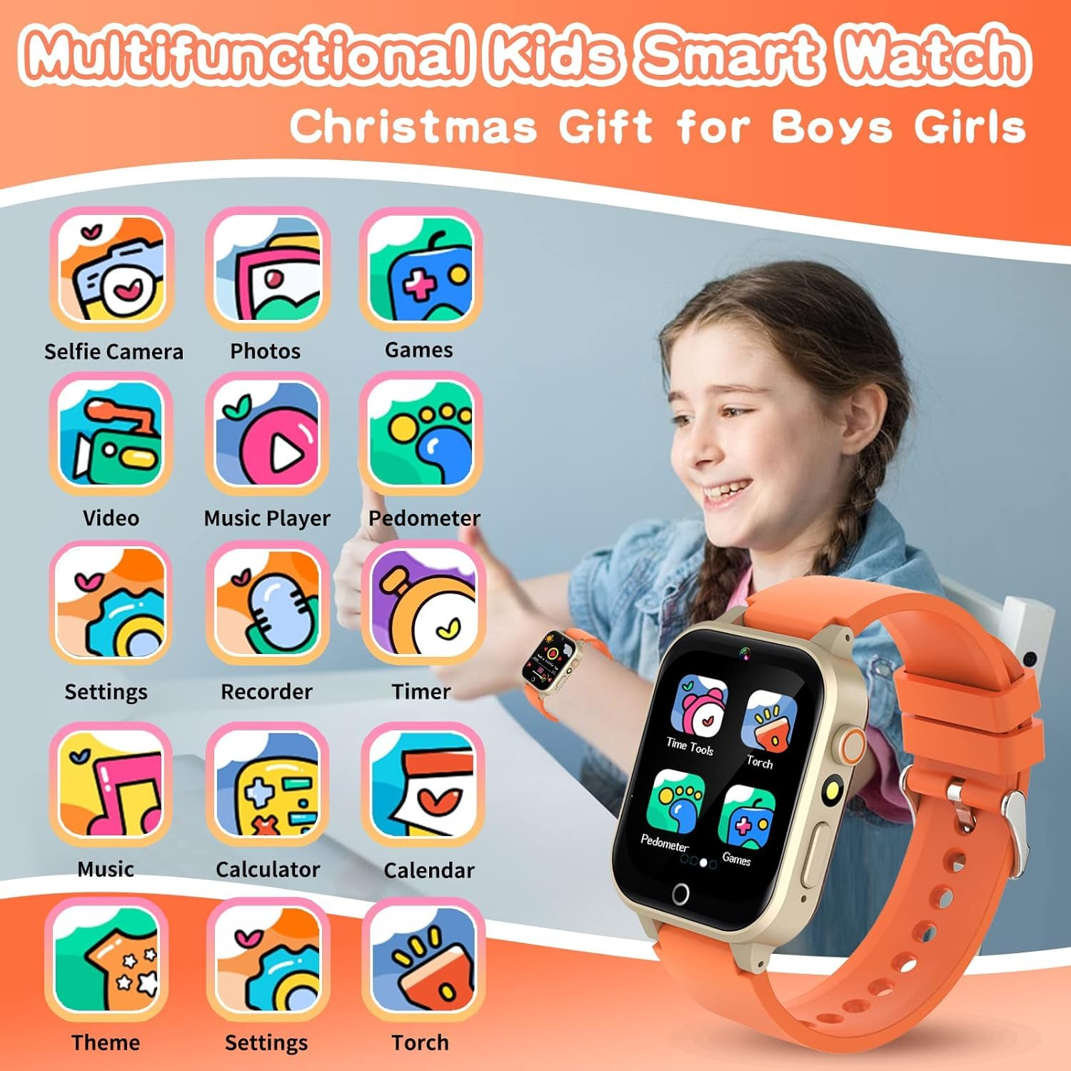 Ein Mädchen mit einer Smartwatch und Symbolen der Watch-Funktionen.