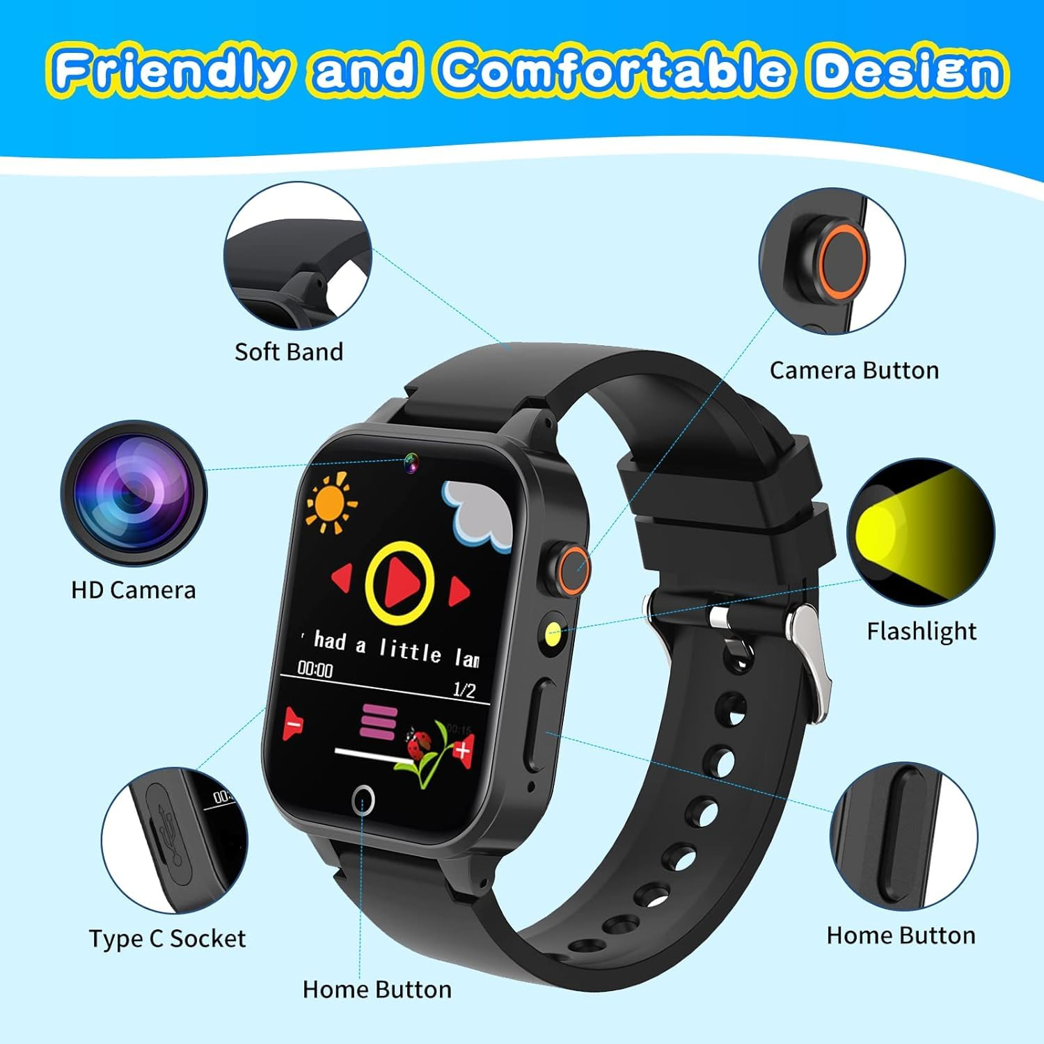Smartwatch mit Funktionen: Kamera, Taschenlampe und Home-Taste. Schwarzes Armband und Gehäuse.